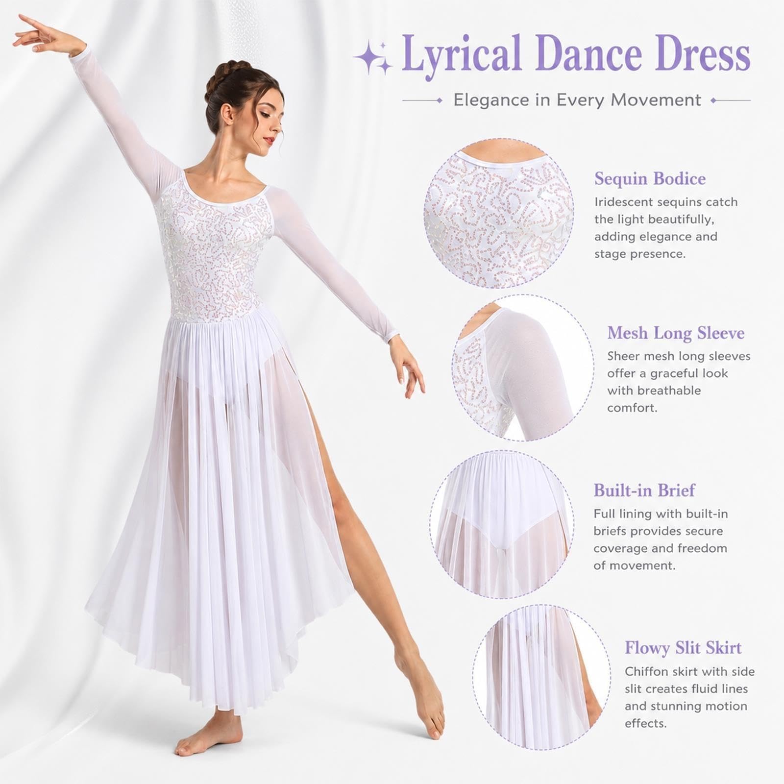 Abito danza lirica bianco donna e teenager, paillettes e maniche tulle