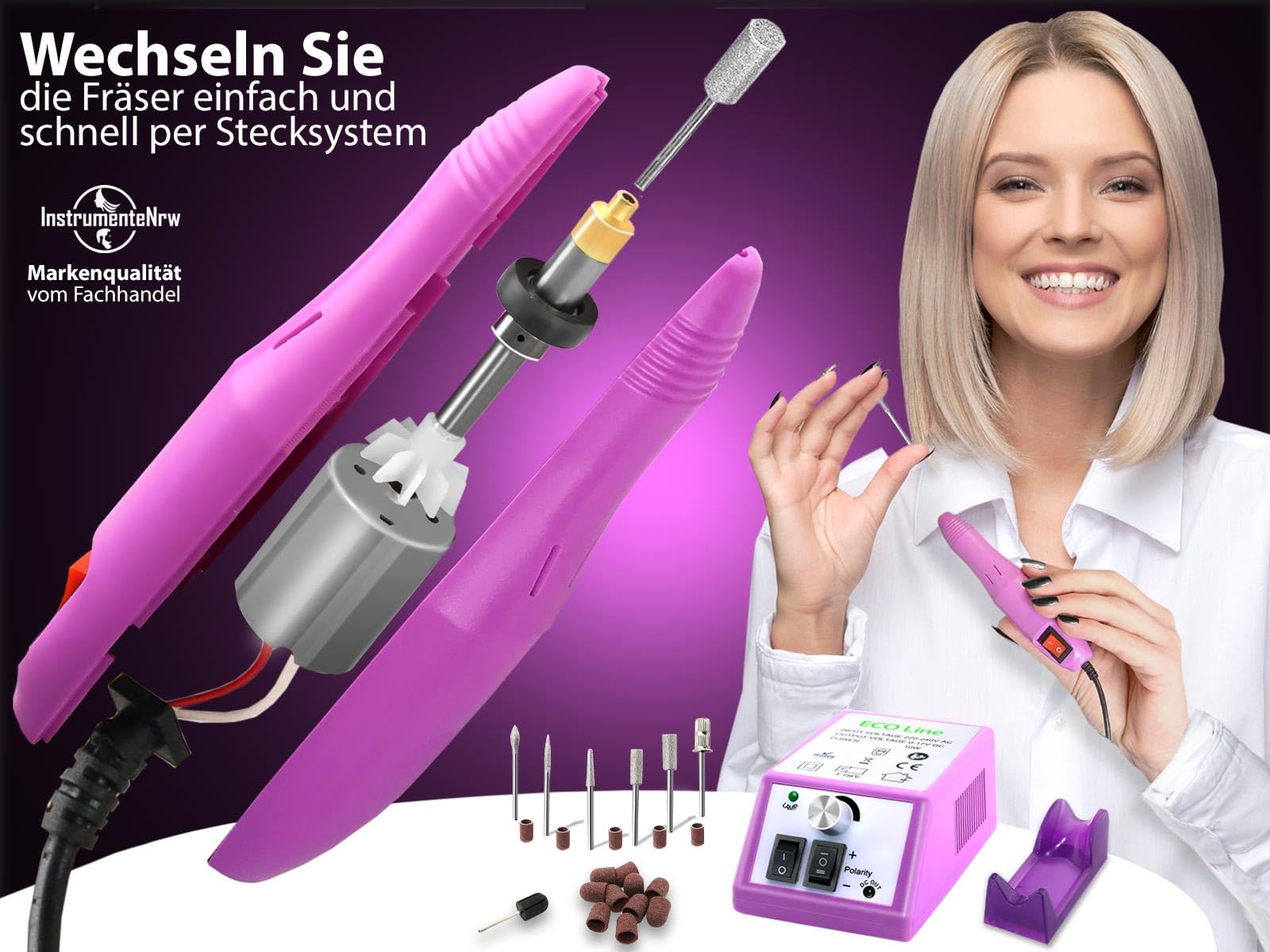 Elektrisches Fräser Pediküre Set Maniküreschleifer mit 20.000 U/min | Fußpflegegerät mit Diamantschleifer und Schleifkappen. Kombi-Gerät für die Handpflege und Fußpflege für makellose Ergebnisse