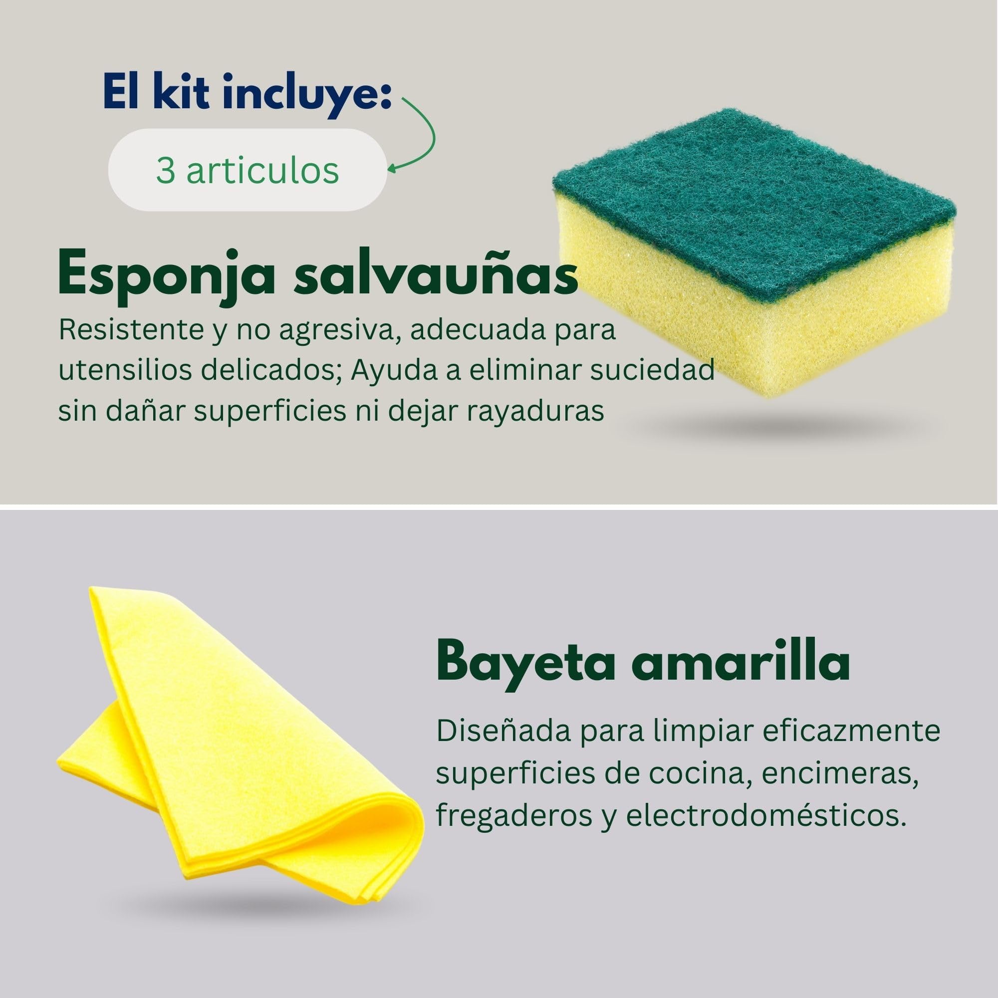 50 Kits de Limpieza para Cocina Alojamientos Turísticos – con Bayeta Amarilla, Esponja Salvauñas y Sobre de Lavavajillas 15ml – Amenities de Bienvenida – Hecho en España - Set de cocina para limpiar