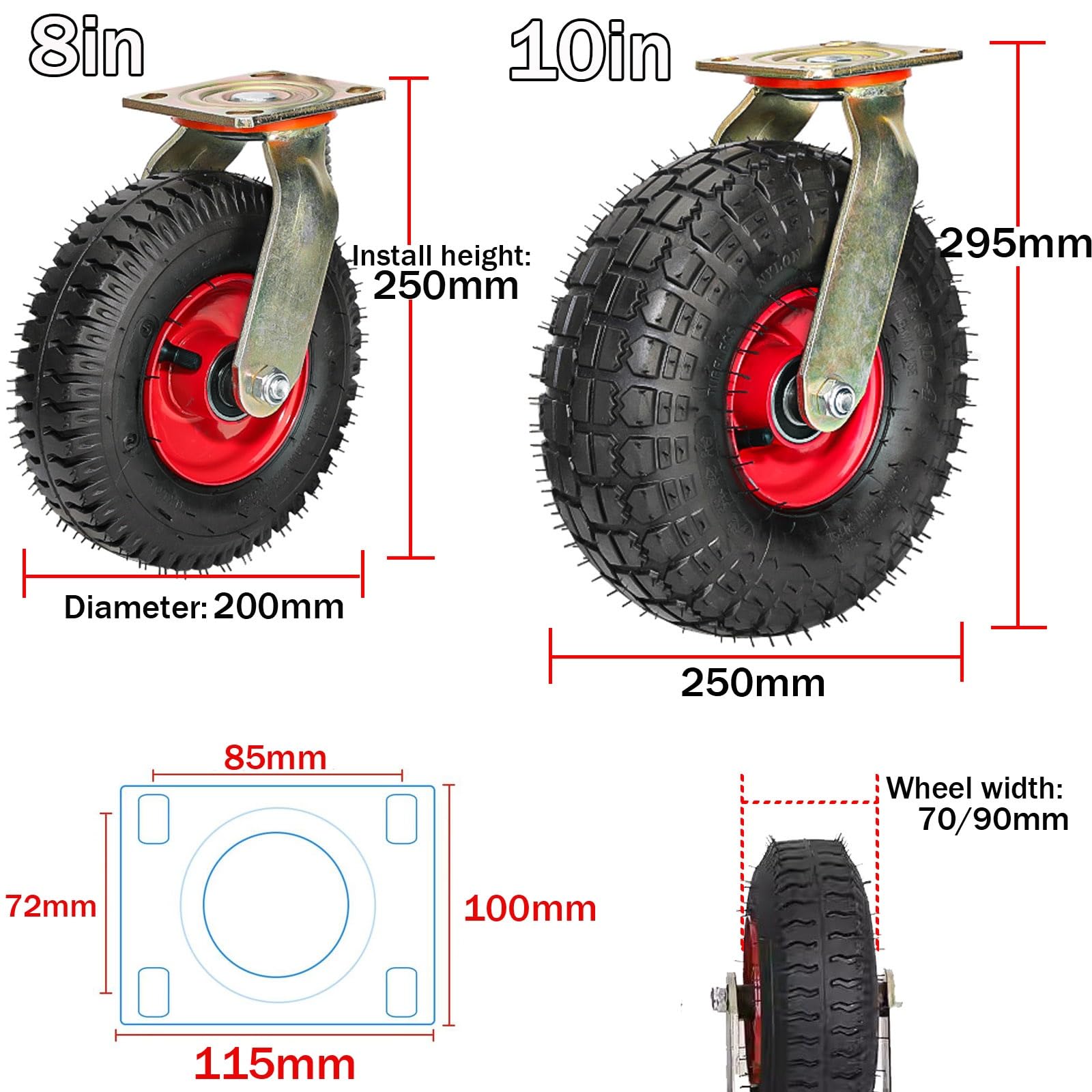 Hochleistungs-Radsatz mit 2 luftbereiften Lenkrädern mit Bremsen.Langlebige und verschleißfeste Lenkrollen für einfache Mobilität und Lastunterstützung.