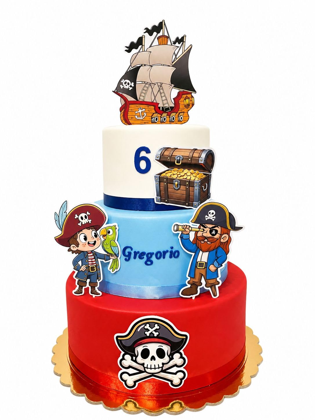 Torta Scenografica Artigianale Tema Pirati 3 Piani – Decorazione Compleanno Personalizzabile con Nome ed Età – Allestimento Festa Bambini- Centrotavola Decorativo