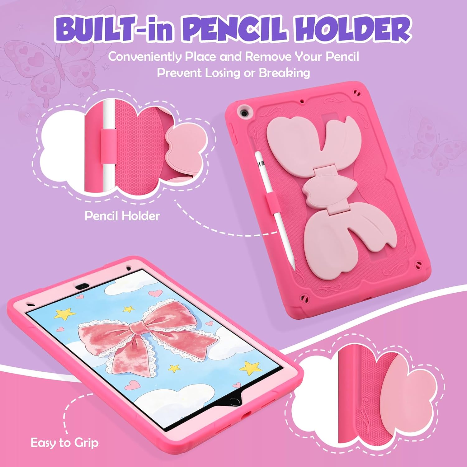 WESADN for iPad 9th Generation Case 8th 7th Gen 10.2 inch Case 2021 Girls Kids with Cute Bow Butterfly Wings Kickstand Shoulder Strap Pencil Holder Rugged Cases Cover for iPad 10.2 Cases, Rose Pink