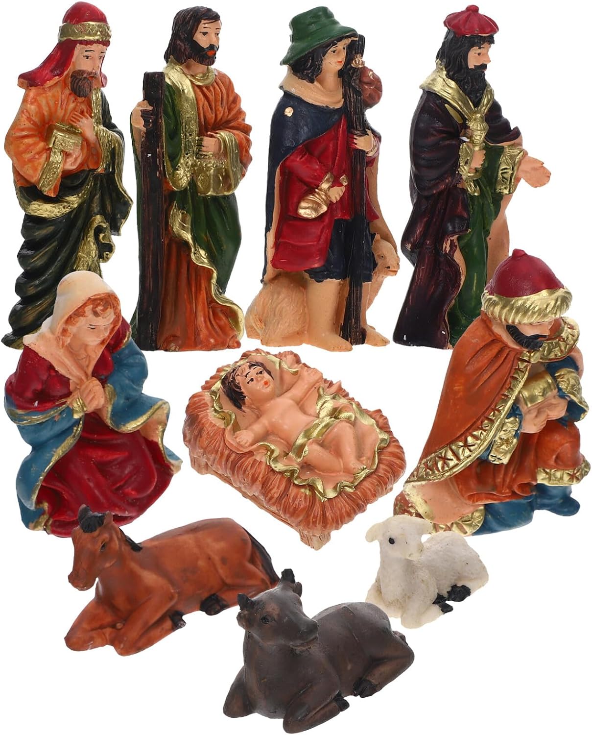 Nativity Figures 10pcs Set Christmas Jesus Figurines Resin Hand-Painted Religious Ornaments Indoor Table Nativity Scene Decorations for Holiday Home