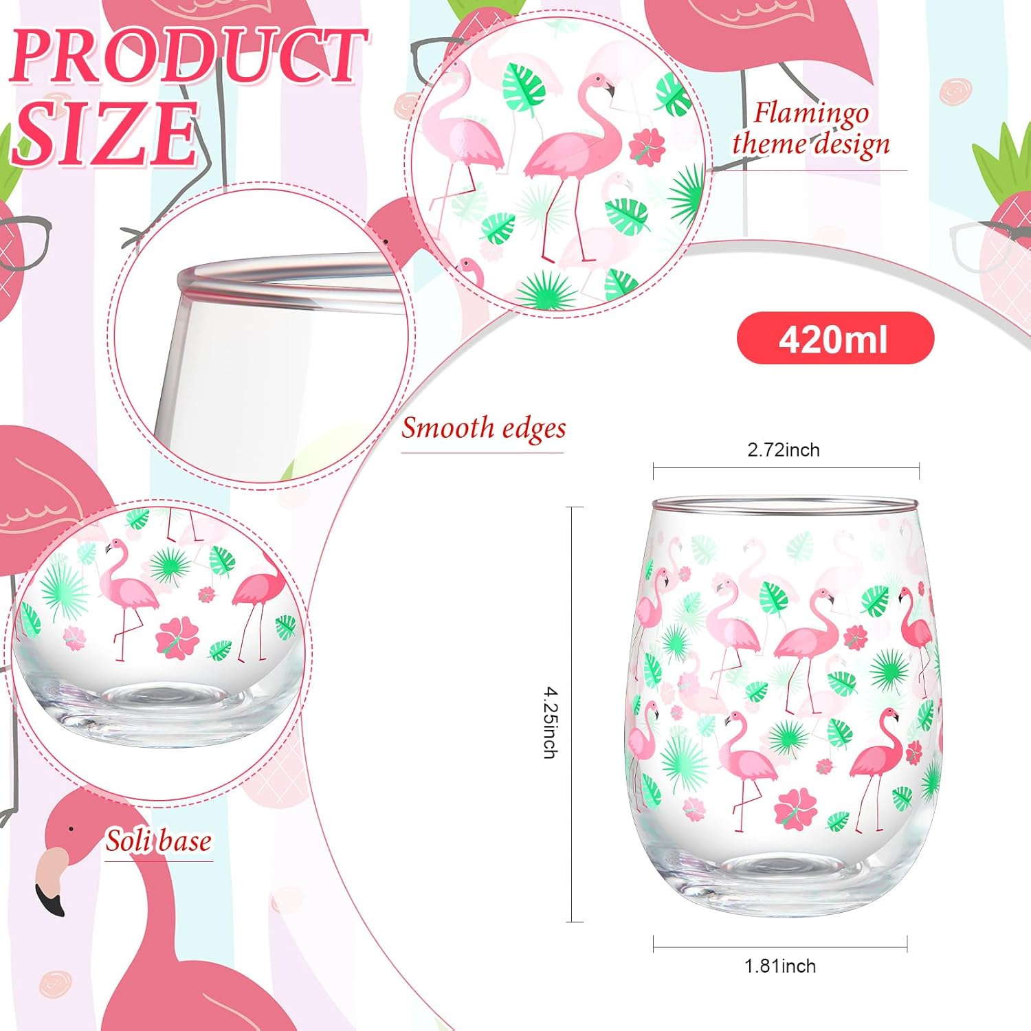 SiliFine 6 Pack Summer Stemless Wine Glasses 15 oz Colorful Summer Flamingo Glass Cups Hawaiian Party Tumbler Cups Drinkware Gifts Holiday Drinking Glasses for Wine Cocktails Whiskey Water Wedding