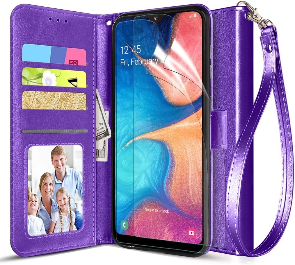 Adroid for Samsung Galaxy A20 Case,Samsung Galaxy A30 Case w 2 Pack[HD Screen Protector][Kickstand][Card Slots] Wrist Strap Luxury PU Leather Wallet Flip Full Body Protective Case, Purple