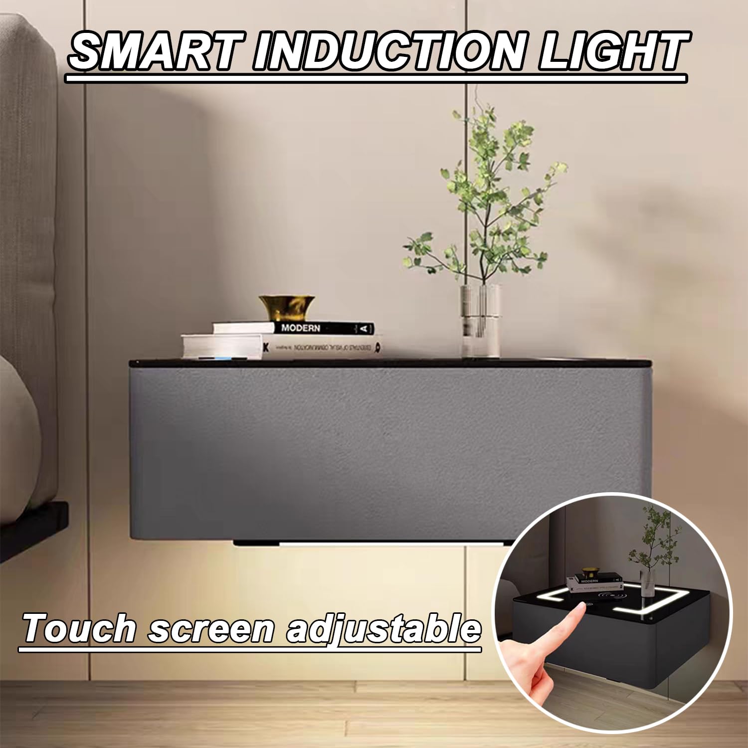 Comodino Moderno sospeso con cassetto, Comodino da Parete e Stazione di Ricarica, Design Intelligente con sensore Automatico, Grigio Chiaro, Ideale per Soggiorno e Camera da Letto, 40 cm/16