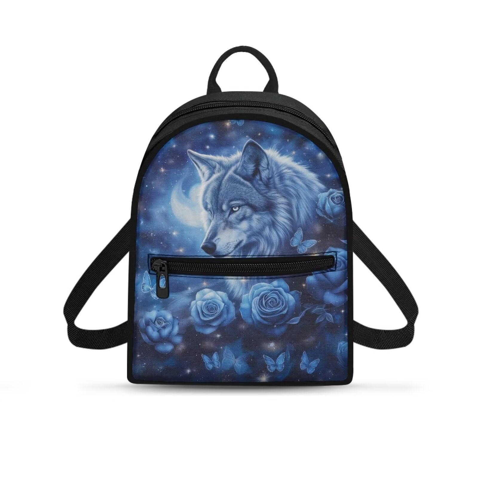 Snilety Wolf Women's Small Backpack Purse Blue Rose Mini Backpack Lightweight Canvas Daypack with Pocket Fashion Casual Bag for Travel Work Weekend