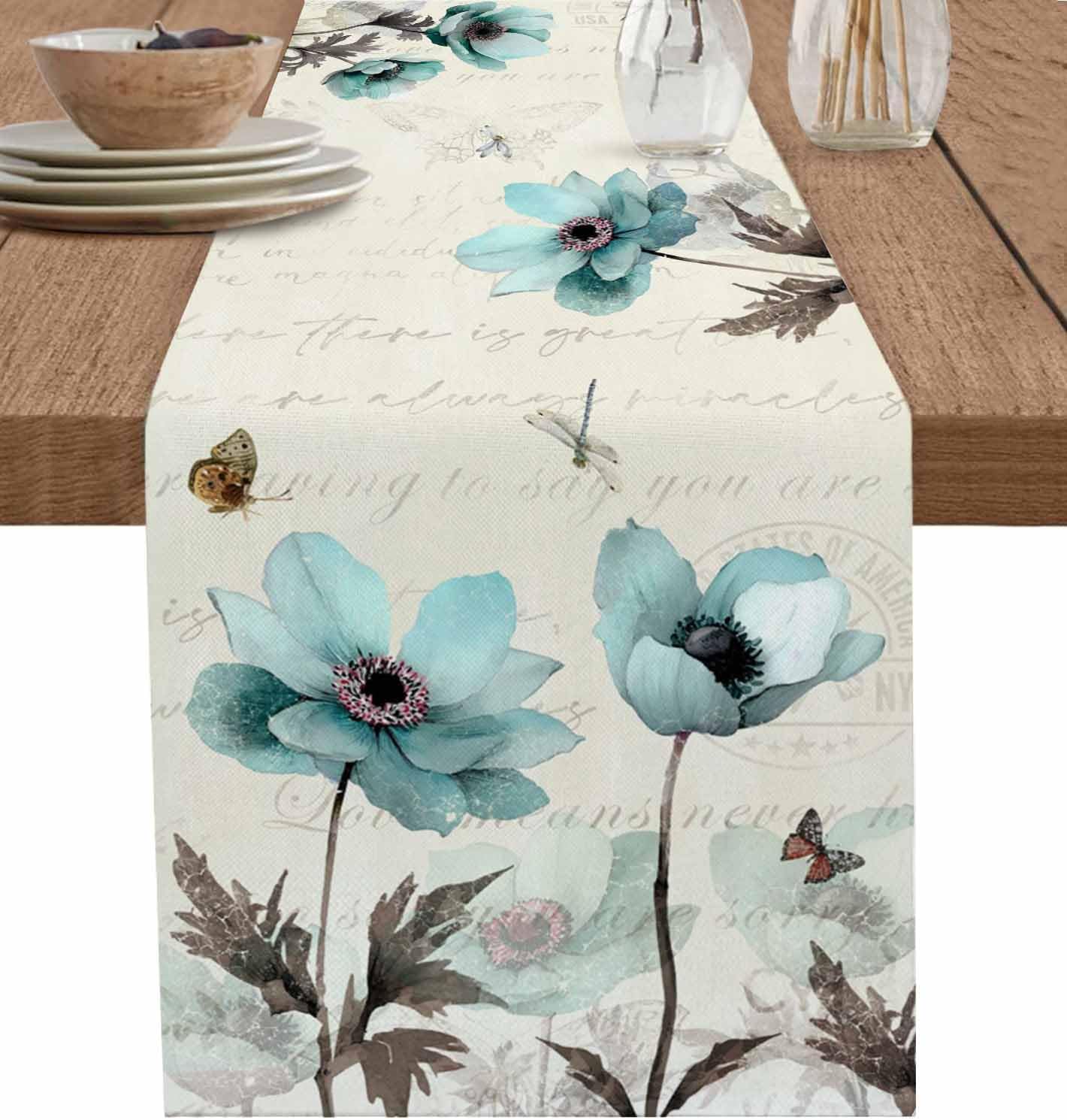 Seven Roses Spring Floral Table Runner 72 Inches Long Farmhouse Dress Scarves, Teal Tulip Vintage Summer Flower Botanical Dining Tablerunner for Coffee Table/Kitchen Island/Party Décor, 18" x 72"