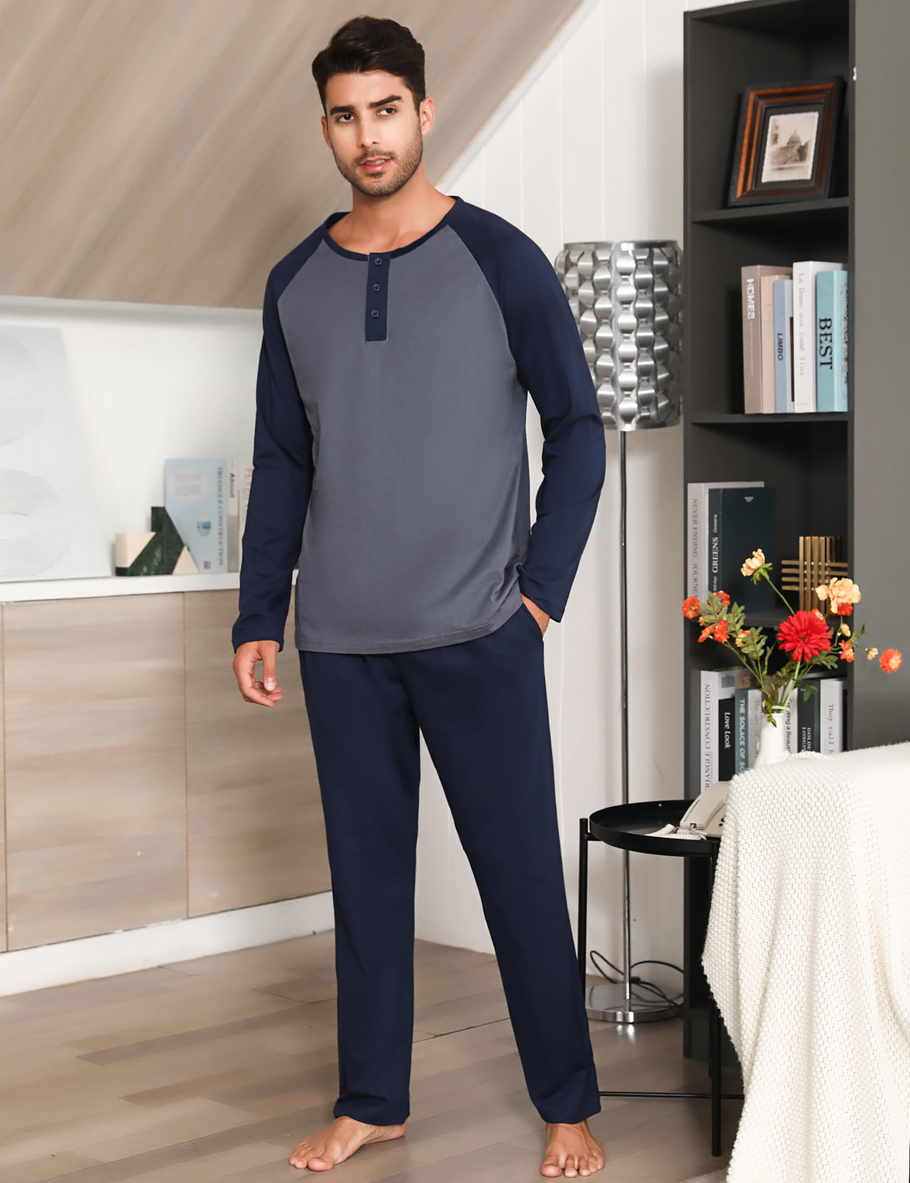 Migcaput Pigiama Cotone da Uomo Set Lungo Comodo Pigiami Due Pezzi da Uomo Pigiama Manica Lunga Pigiama con Tasche con Bottoni