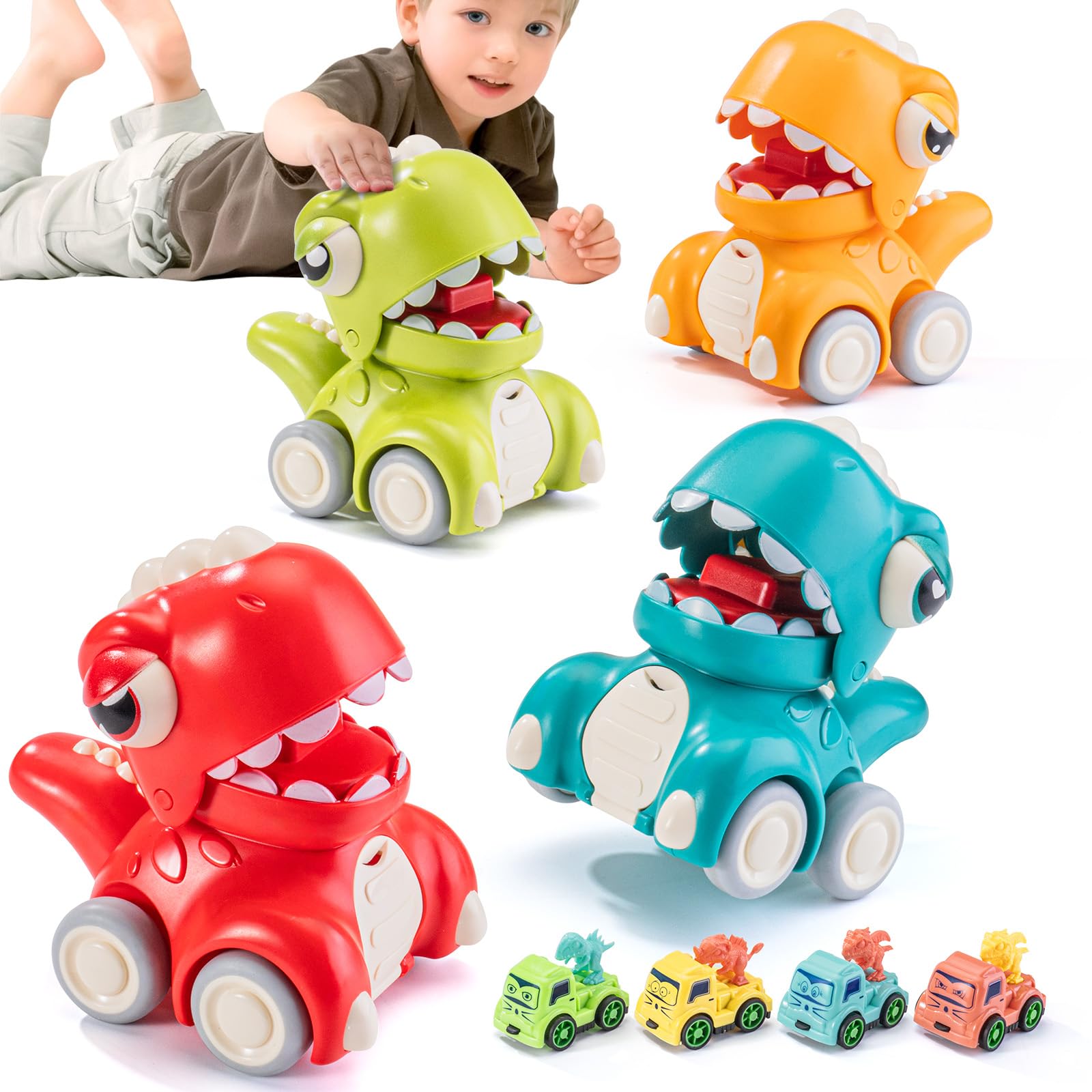 4 Pack Press and Go Cars for Toddlers, Dinosaurs Toy Cars, Perfect for 1-3 Years Old Toddlers, for Boys and Girls