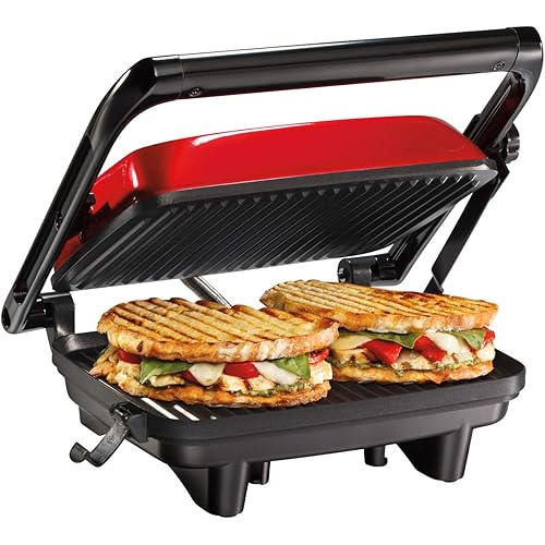 Hamilton Beach Electric Panini Press Grill with Locking Lid, Opens 180 Degrees for Any Sandwich Thickness, Nonstick 8" X 10" Grids, Red (25462Z)