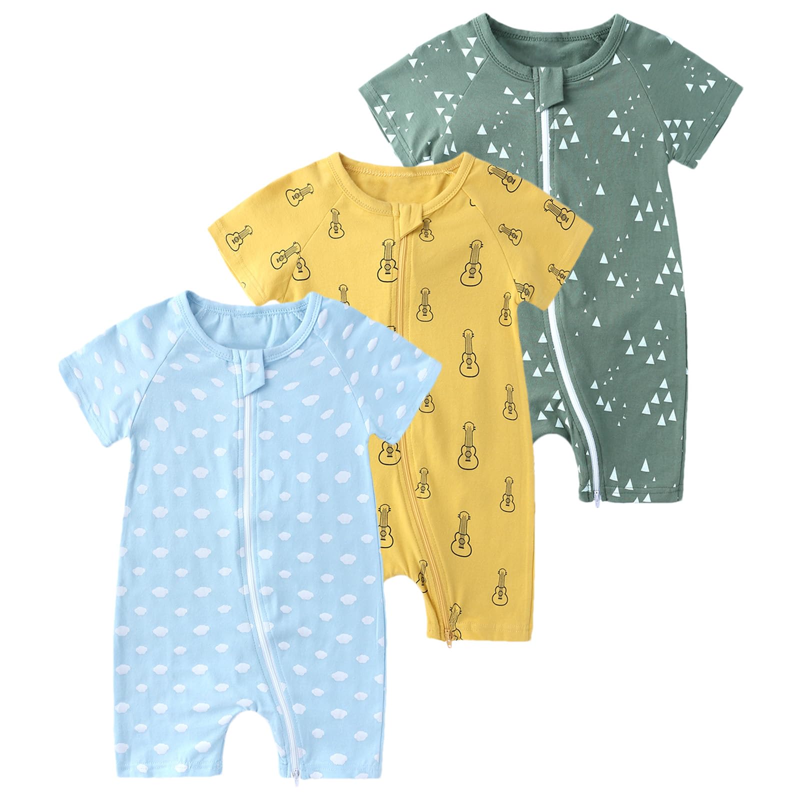 amropi Bebé Niño Dinosaurio Monos Pack de 3 Pijama Cremallera Mameluco Manga Corta Peleles