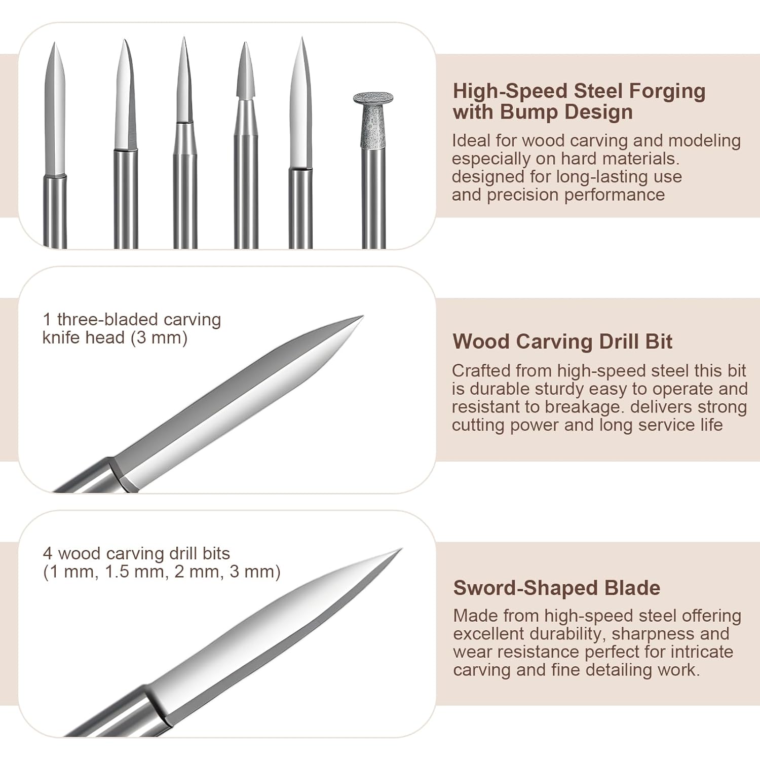 Wood Carving Drill Bits Kit 6PCS, Compatible with Dremel Rotary Tool, Engraving Bits with 3mm Shank for DIY Crafts, Woodworking and Micro Sculpture