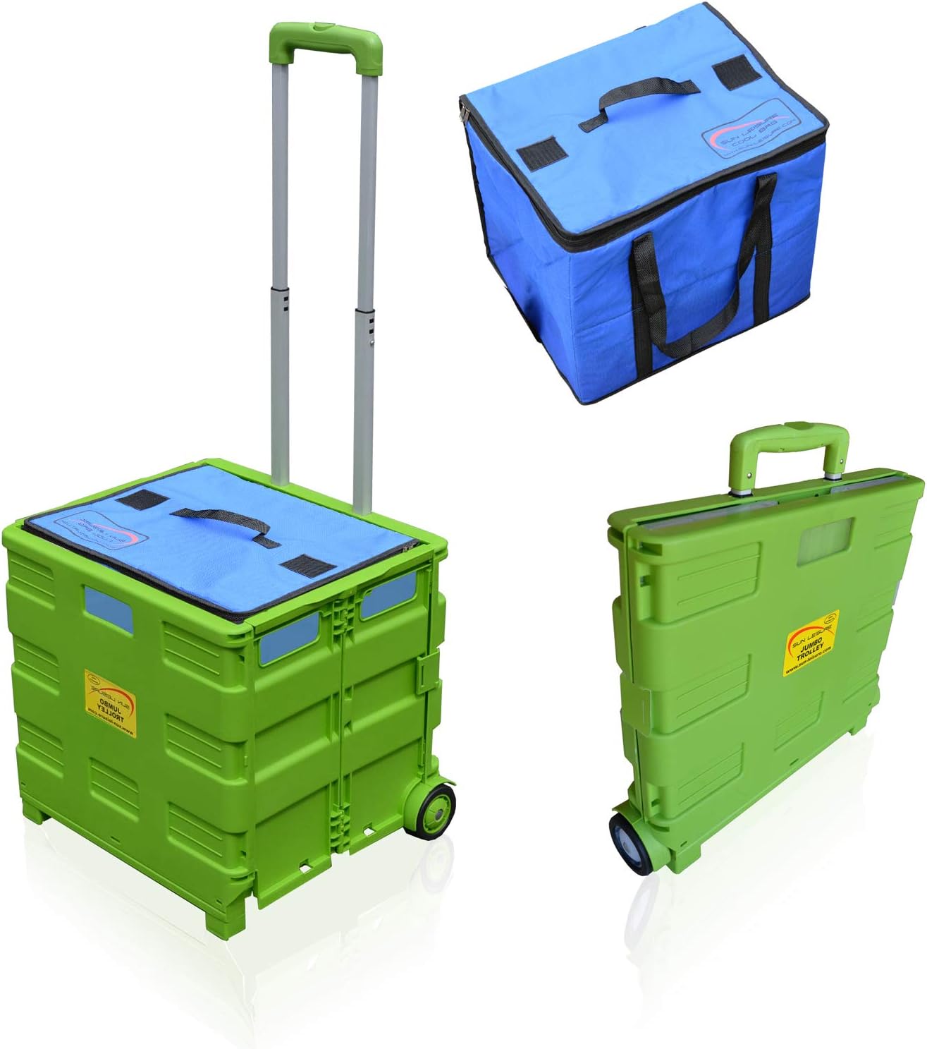 Sun Leisure Heavy Duty 40kg Pack & Go Foldable Portable Shopping Camping Transport Trolley (Green Trolley with Cooler Bag) …