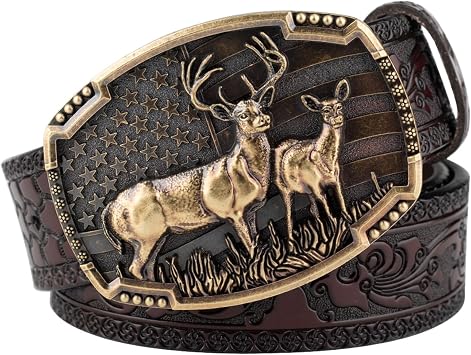 Western Belts for Men Cowboy Leather Belt Bronze Animal Deer Embossed Pattern Buckle Vintage Belt,Brown,100CM/39.4