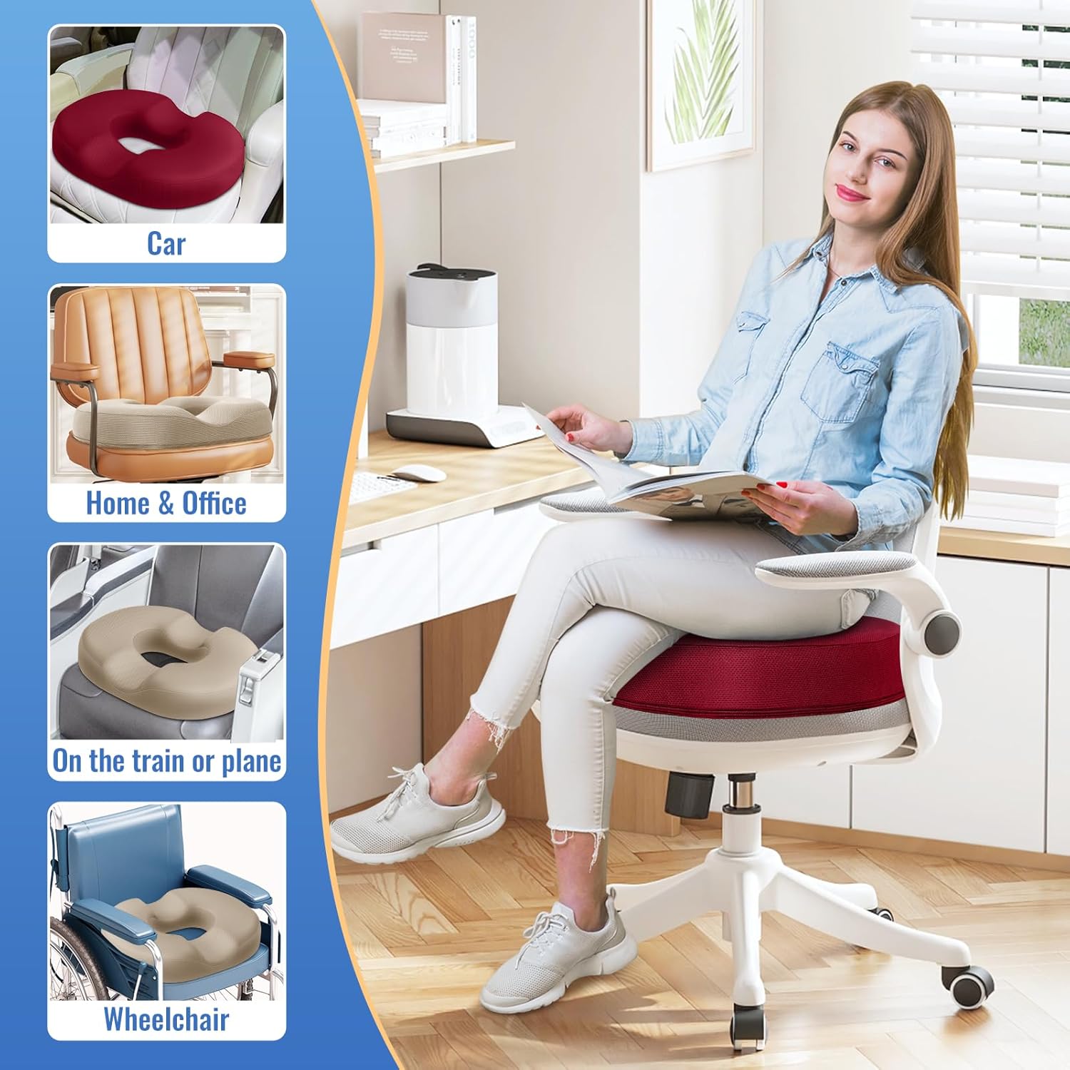 CloudBliss Donut Pillow Seat Cushion Chair Pad for Tailbone Pain Relief and Hemorrhoids, Memory Foam Seat Chair Cushion for Men and Women for Home & Office, (Red-2XL)
