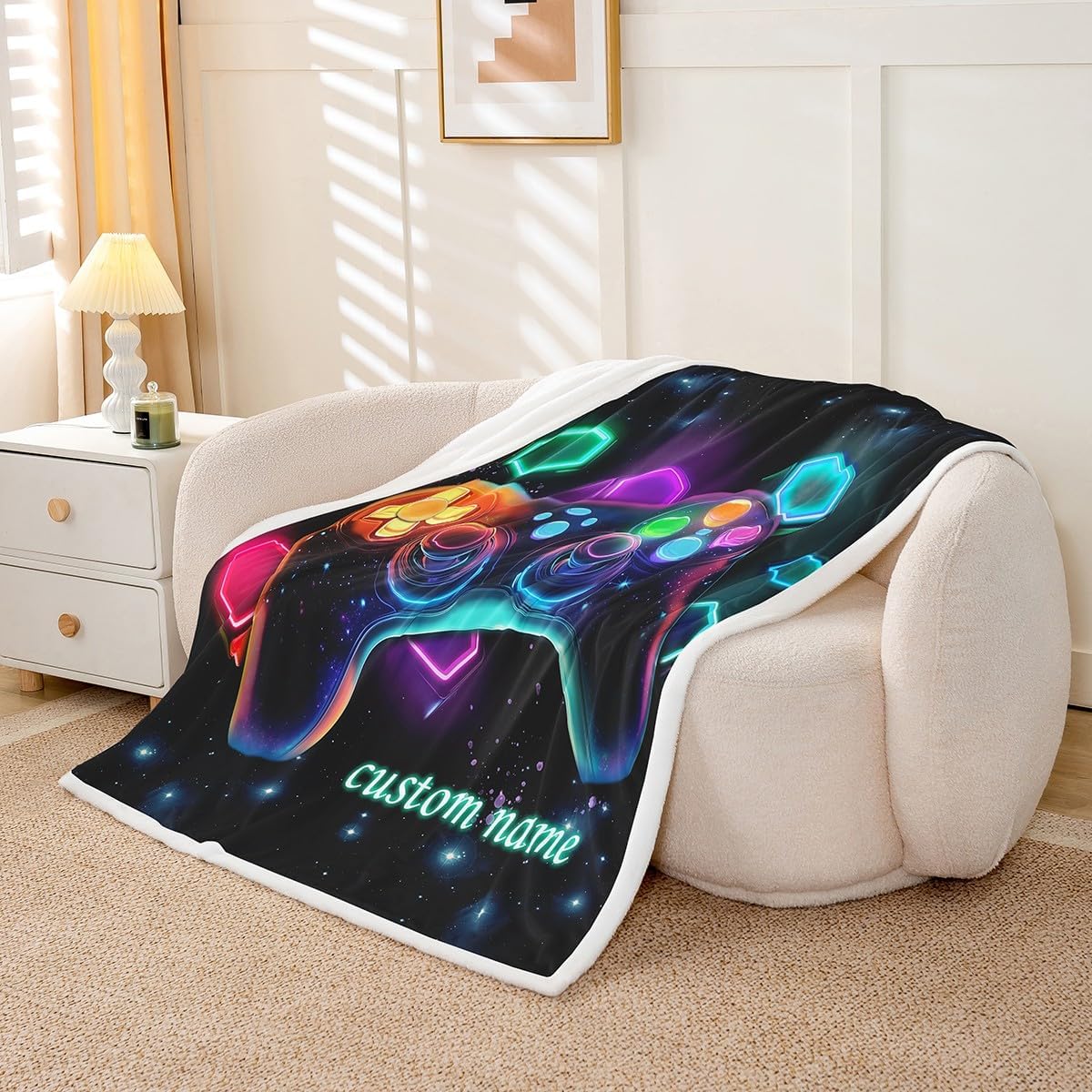Erosebridal Customized Game Consoles Throw Blanket 90"x90" Gamer Gifts,Personalized Kids Gamer Blanket Space Glow Geometric Fleece Blanket Red Green Blue Teal,Gaming Decor for Boys Bedroom