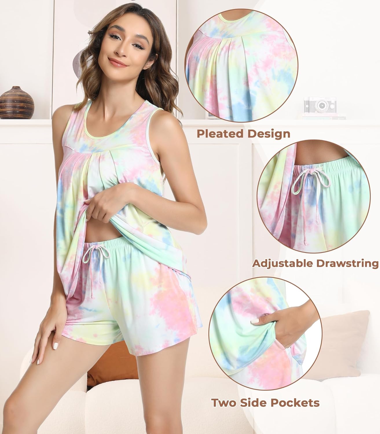 NACHILA Pajamas for Women-Viscose from Bamboo, Ribbed Racerback Tank Top Sexy Split Shorts Pajama Sets Cooling Sleep Cami Pjs - Image 4