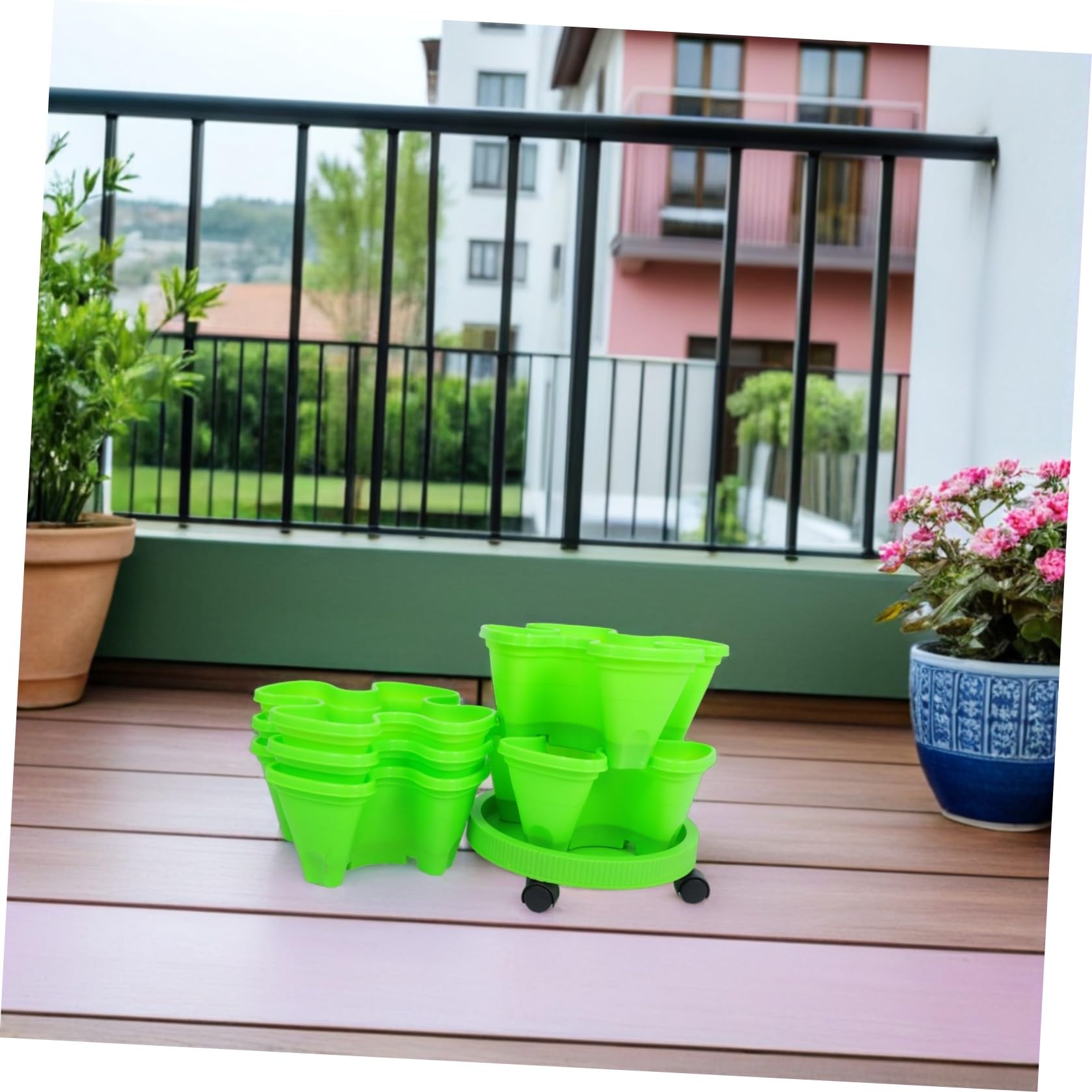INOOMP Tour de Plantation Verticale de Fraisiers Jardinière à Fraises D'extérieur Multi-Niveaux en Abs Vert Roues, Empilable, pour Herbes et Légumes, Balcon et Extérieur