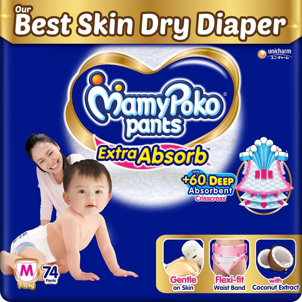 MamyPoko Pants Extra Absorb Baby Diapers, Medium (M size) | 7-12 kg | 74 Count |Deep Sleep Diapers| Soft gentle fit |Deep Absorbent Crisscross | skin friendly with coconut oil |