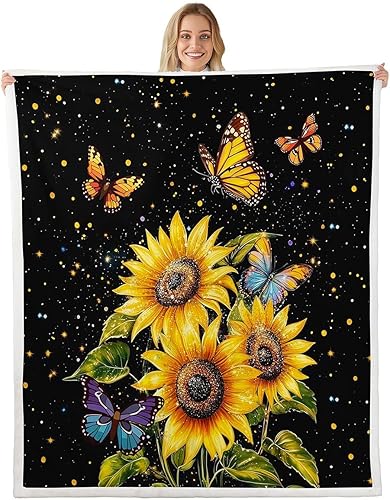 Manta de vellón con diseño de girasoles y mariposas, manta de felpa floral de primavera para niños, adolescentes, niños y niñas, manta de lunares de