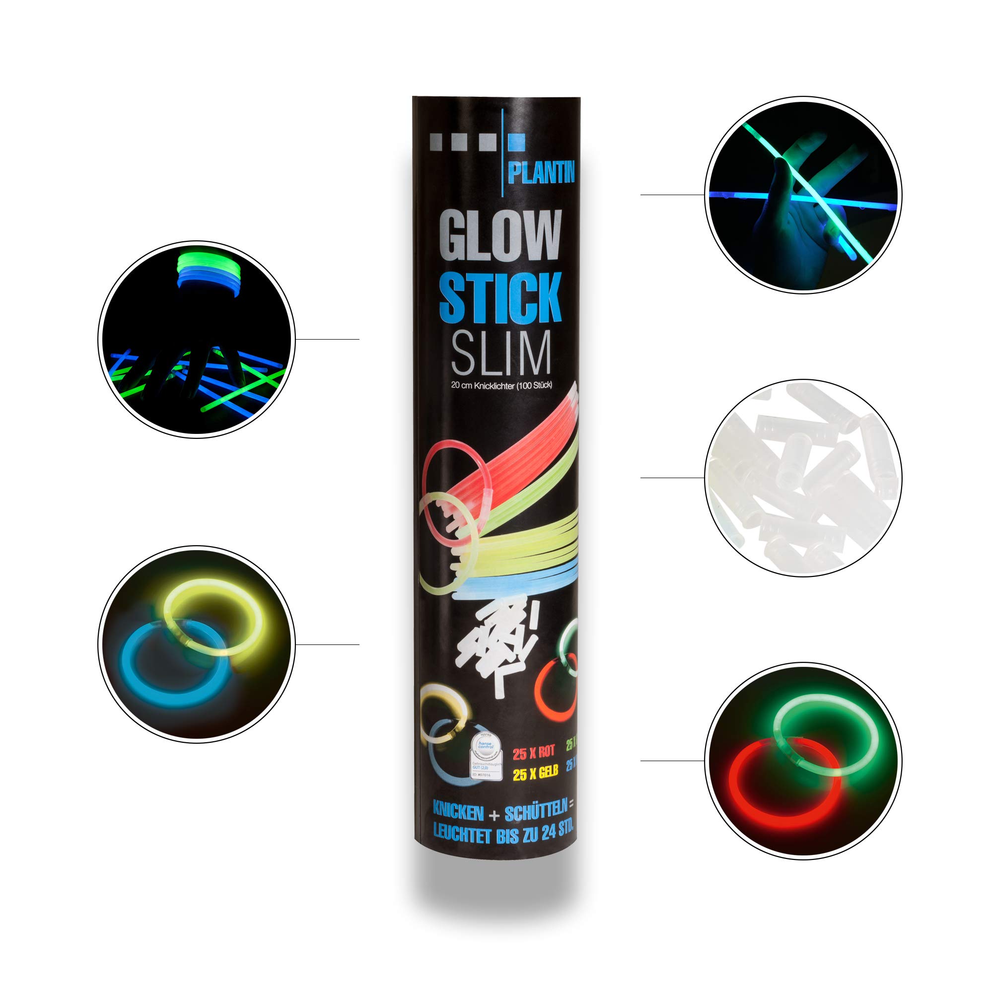 Plantin Glow Stick, Slim, 4 Colours Red, Green, Yellow, Blue Glow Stick Slim 100 Stück