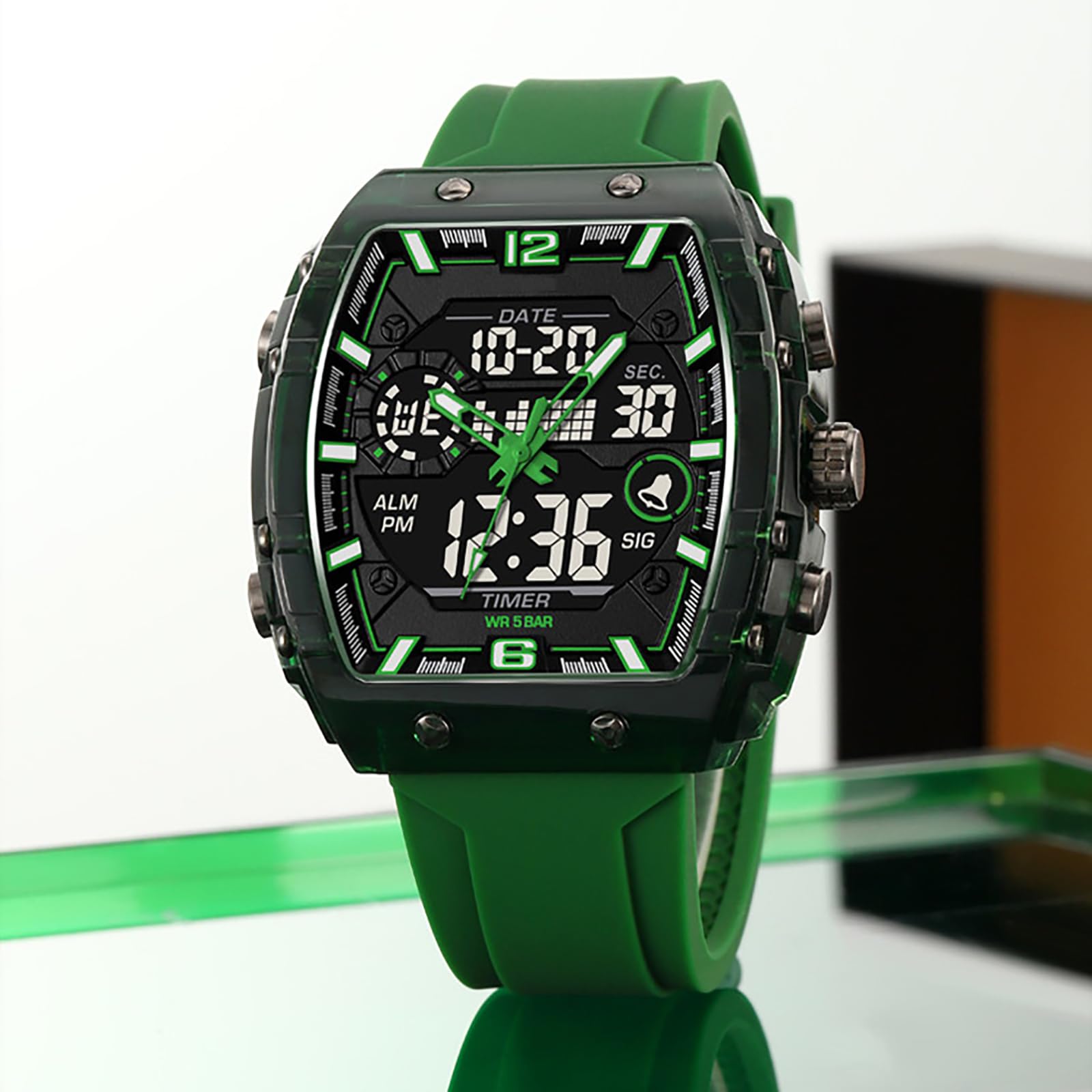 Tonneau - Reloj de pulsera para hombre, diseño elegante, con alarma, LED, hora dual, calendario de 12/24 horas, colorido
