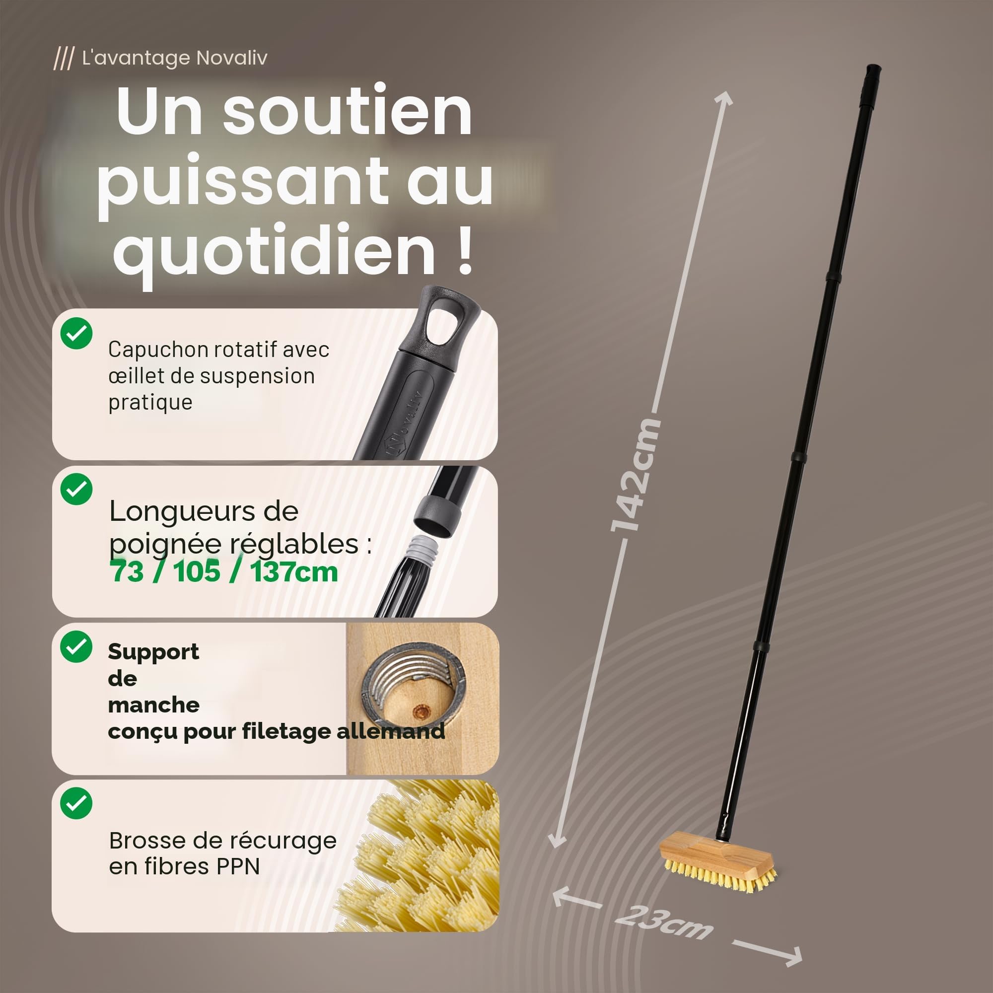 Novaliv Lot de 4 gommages en bois avec filetage et poignée à vis, brosse à plancher PPN, idéal pour le nettoyage de balcon, terrasse, jardin, intérieur et extérieur