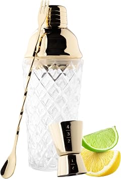 Taylors Eye Witness Taproom 3pcs Gold Coloured Stainless-Steel & Glass Debossed Pattern Cocktail Shaker Set - Includes 400ml 14fl oz Metal Cobbler Shaker, 25ml/40ml Double Jigger & Mixing Spoon.