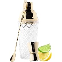 Taylor's Eye Witness Taproom 3pcs Gold Coloured Stainless-Steel & Glass Debossed Pattern Cocktail Shaker Set - Includes 400ml 14fl oz Metal Cobbler Shaker, 25ml/40ml Double Jigger & Mixing Spoon.