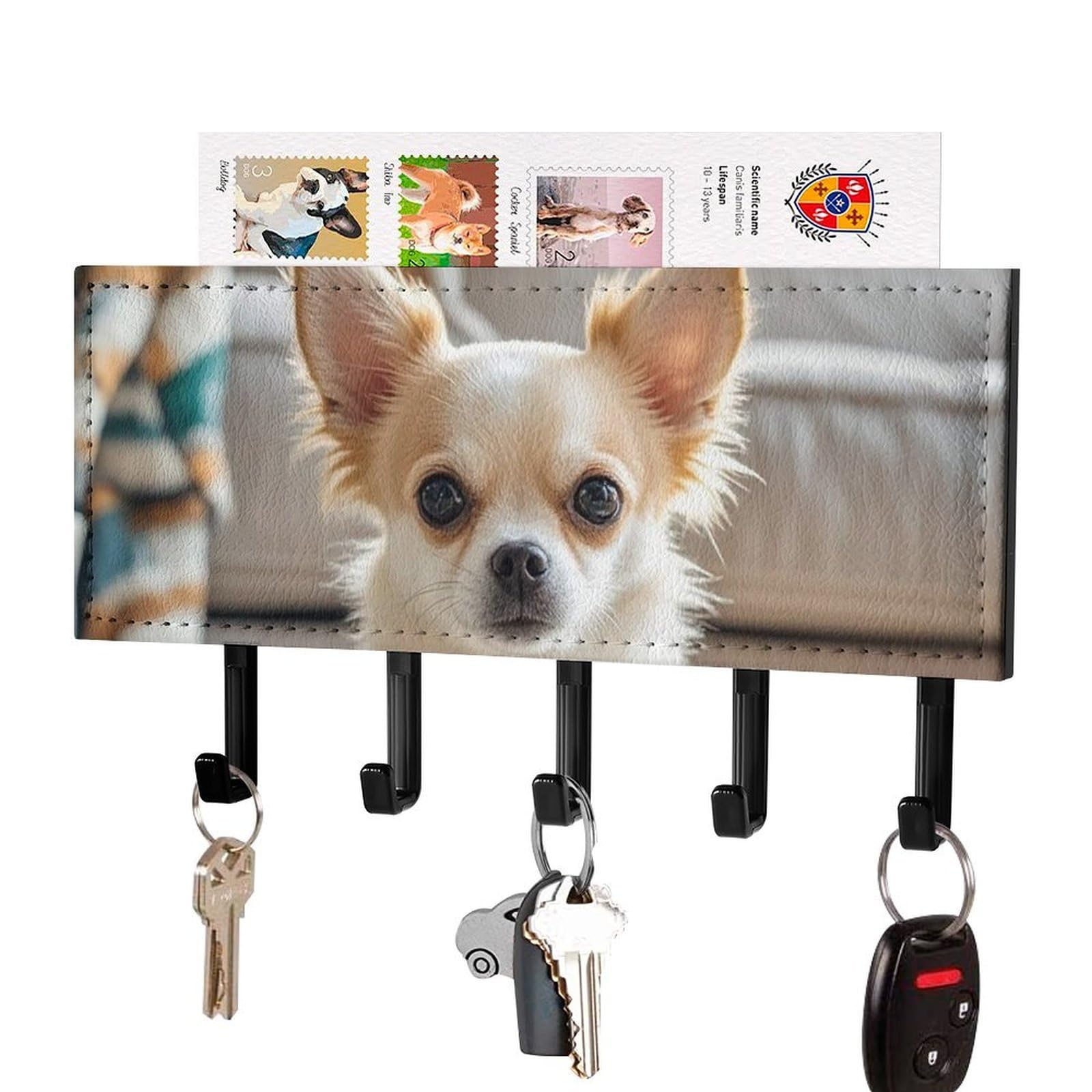 Fekiloot Black-Style Cute Chihuahua Key Holder Wall Mount Key Hanger With 5 Hooks Decorative Key Rack Hanging Key Hooks With Mail Organizer Key Holder For Wall Living Room Kitchen Bathroom Hallway Black