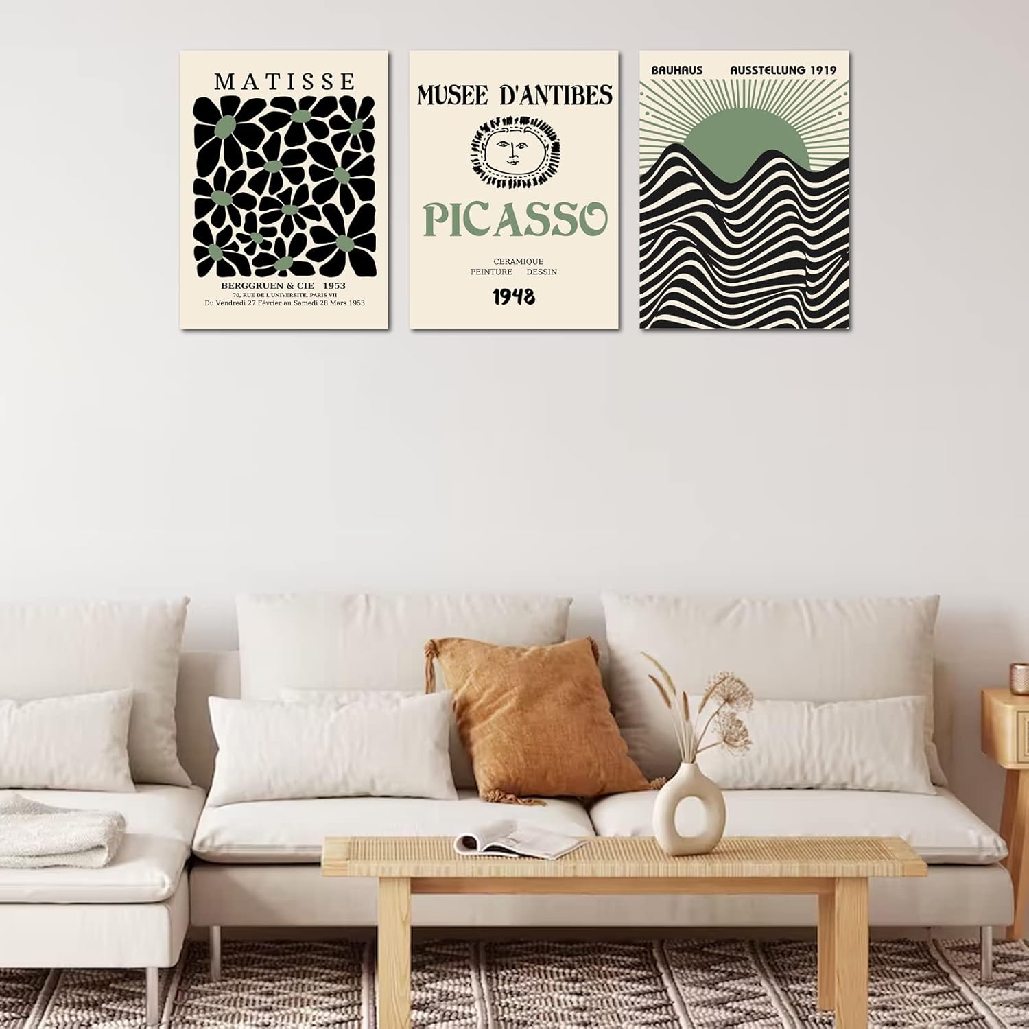 FAEKSUR Sage Green Matisse Wall Art Set of 3, Abstract Art Prints, Framed Geometric Line Sun Rising Green Canvas Artwork, Bedroom, Office