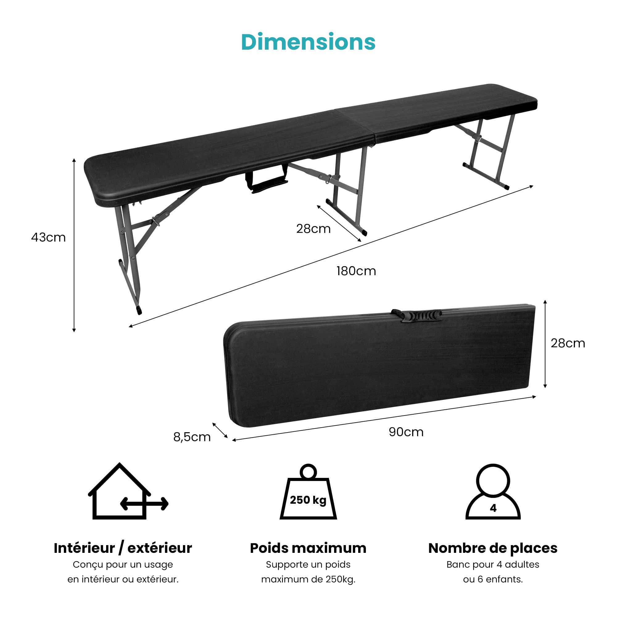 SKYLANTERN Banc Pliable Noir 180cm - Pliant pour Table de Camping - Résistant Idéal pour Camping, Baptêmes, Mariages, Pique-Nique, Buffets et Grillades