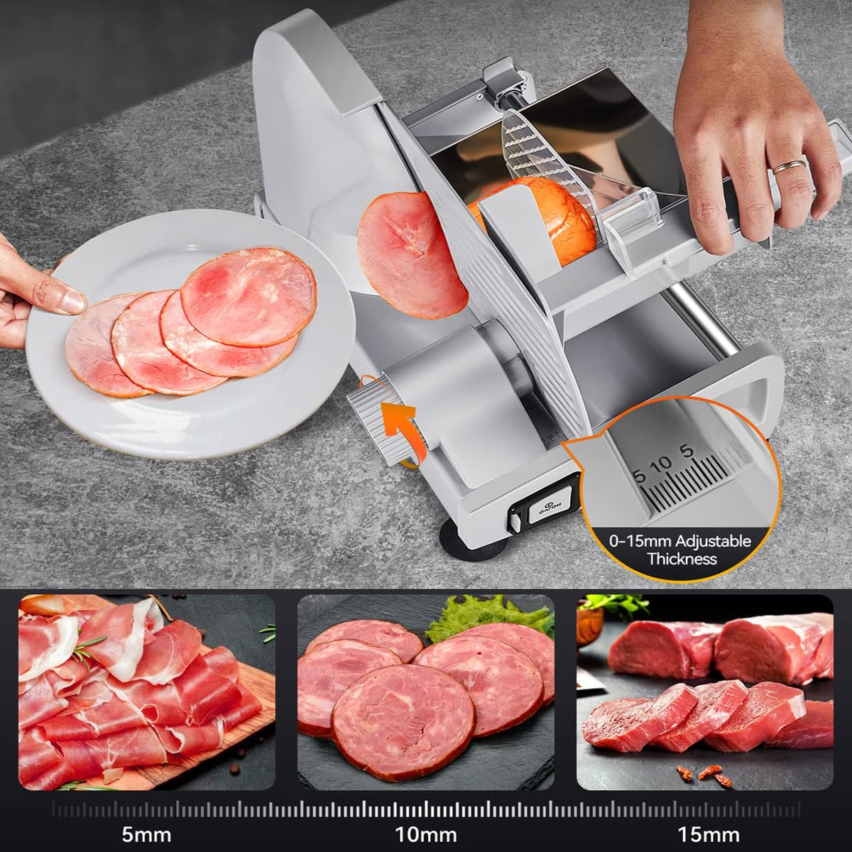 HmLtd Affettatrice per Carne,Affettatrice per Alimenti in Acciaio Inossidabile,Affettatrice per Frutta da 200 W,Spessore Regolabile,Non Richiede azionamento Elettrico,Protezione Blocco Bambini,per
