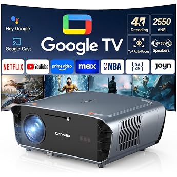 4K Smart Projector with Google TV - 2550 ANSI Lumen Daylight Projector 70W Dolby Audio ToF Autofocus WiFi 6 HDMI ARC MEMC Ultra HD - Home Cinema & Gaming Projector for Outdoor Use