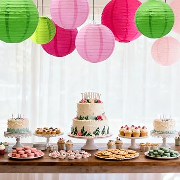 Pack of 12 Paper Lanterns Pink Green Round Paper Lantern Paper Lantern for Lampshade Decoration Birthday Party Wedding Decorations Garden Party Decoration