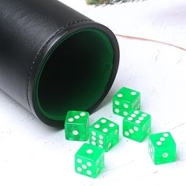 RERIVER Faux Leather Dice Cup Set, Soft Velvet Interior Dice Cup Shaker Quiet with 6 Green Translucent Dice for Liars Dice/Farkle/Yahtzee Games, 1 Pack