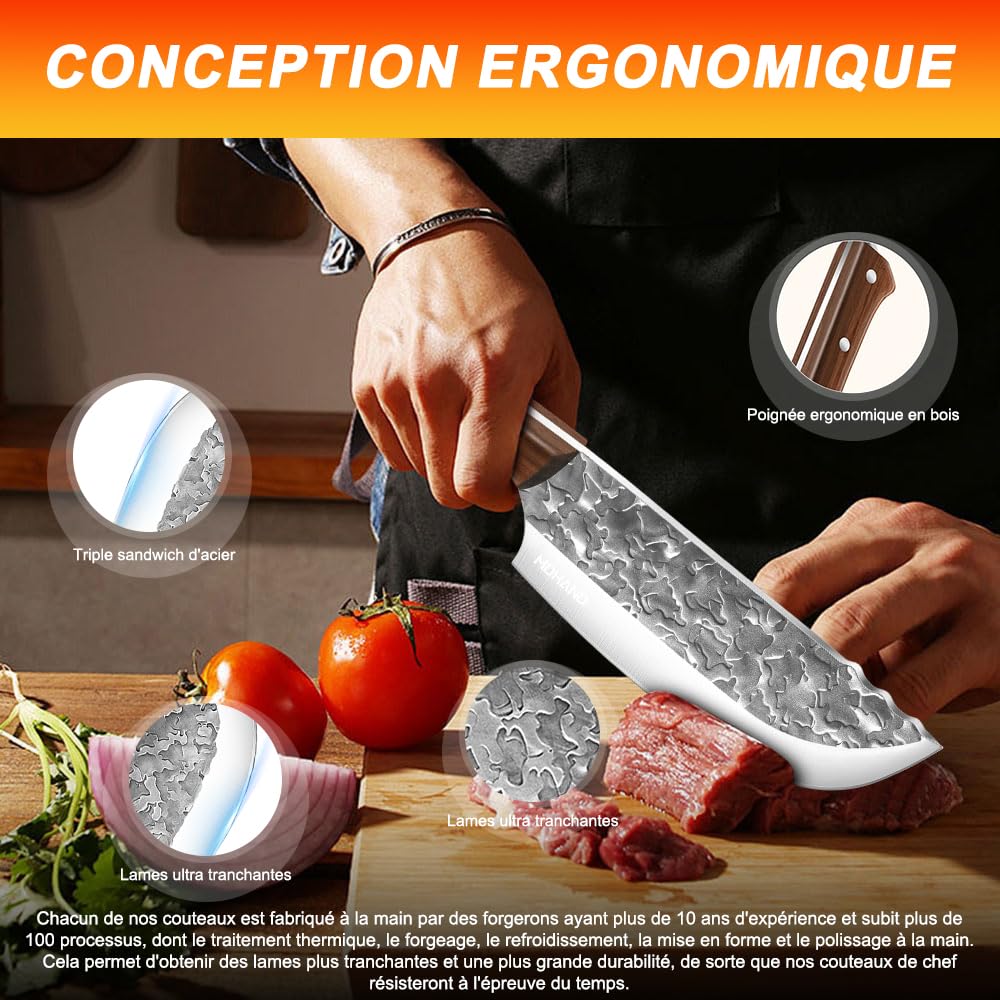 ZENG Set de 4 Couteaux de Cuisine Professionnel, Couteau Chef, Légume, Désosseur, Fusil – Malette Couteaux Professionnel Noire, Pour Cuisine et Extérieur