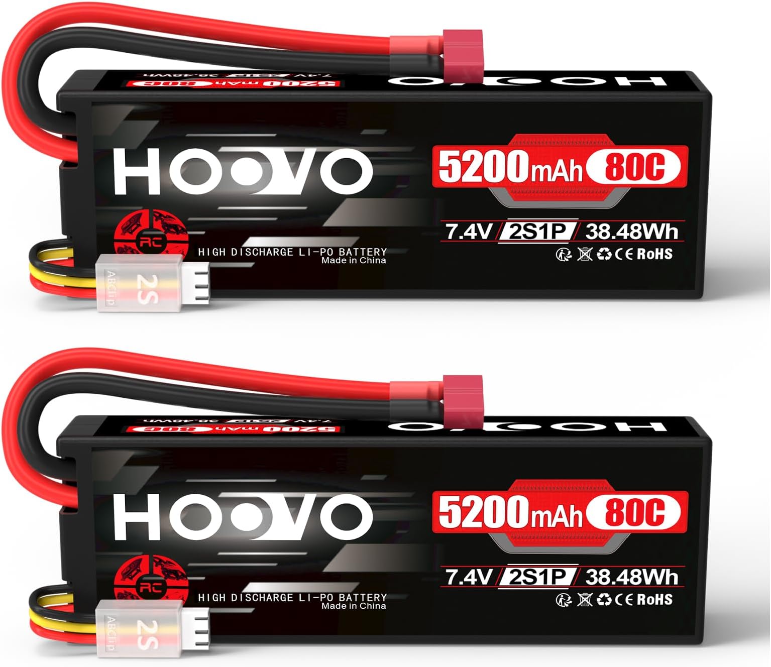 HOOVO RC Battery 2S LiPo Battery 7.4V 5200mAh 80C Hard Case with Deans Plug Battery Replacement Battery for RC Car Truck Heli Aeroplane Rock Crawler Aeroplane Helicopter RC Car Truck Boat (2 Packs)