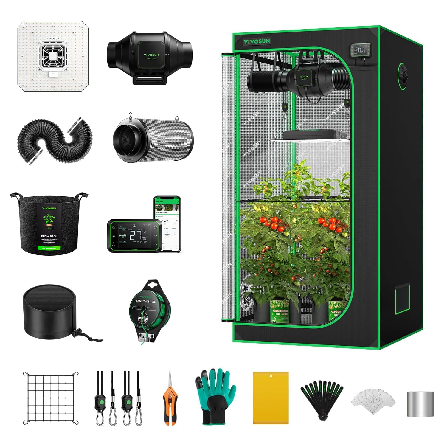 VIVOSUN Smart Growzelt Komplettset 80x80x160cm LED Lampe 150W Vollspektrum Ventilation Zirkulation GrowHub E42A Controller WLAN