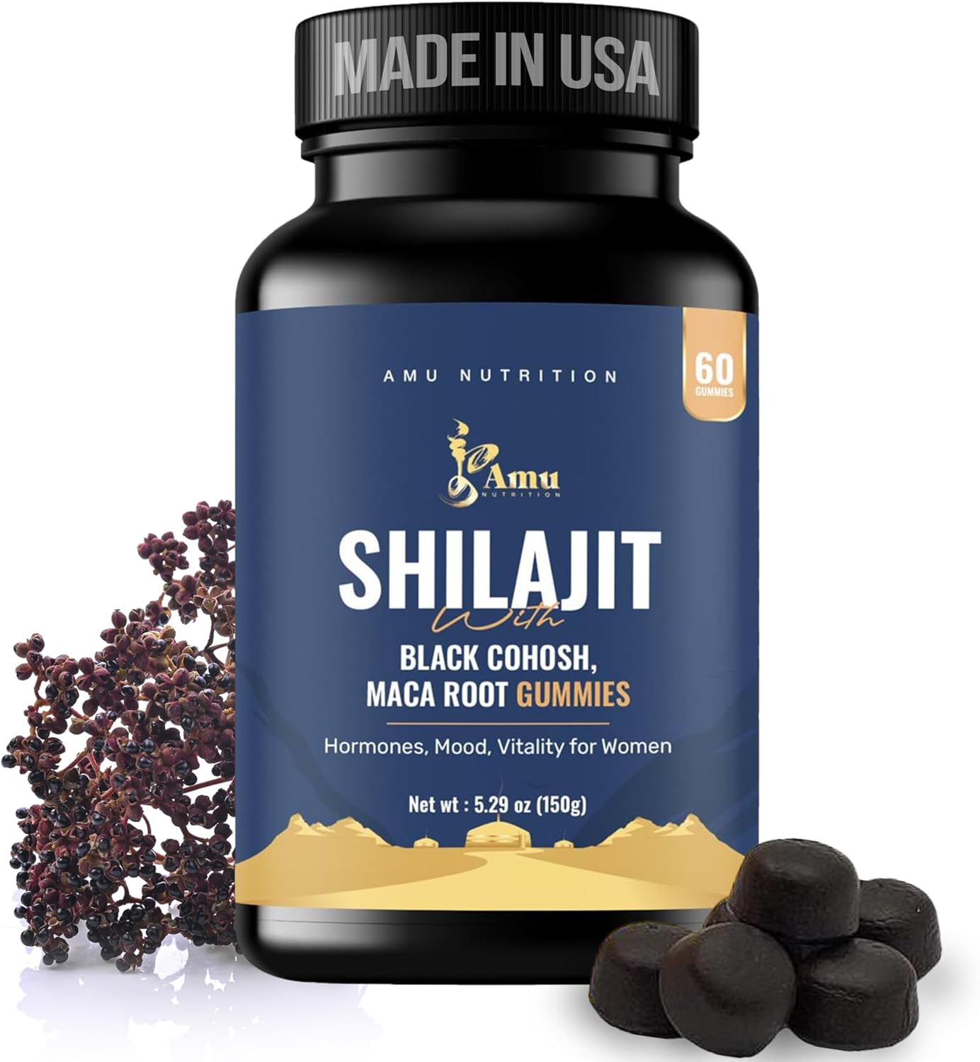 AMU NUTRITION Shilajit Gummies for Men & Women with Maca Root & Black Cohosh (60 Count (Pack of 1), Maca Root & Black Cohosh)