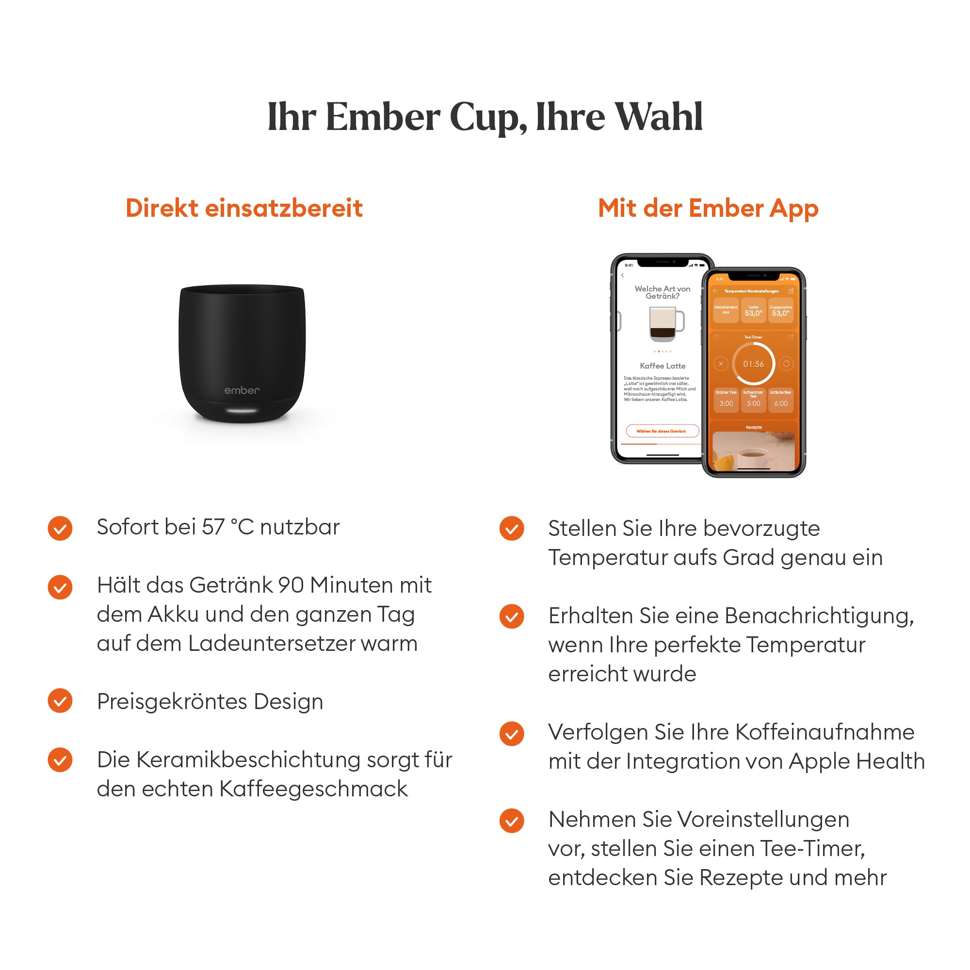 Ember Smart Cup mit Temperatureinstellung – 178, per App steuerbar, wiederaufladbarer, aufheizbarer Kaffeebecher mit Intelligent LED Display, 1,5-Stunden-Akku, Schwarz