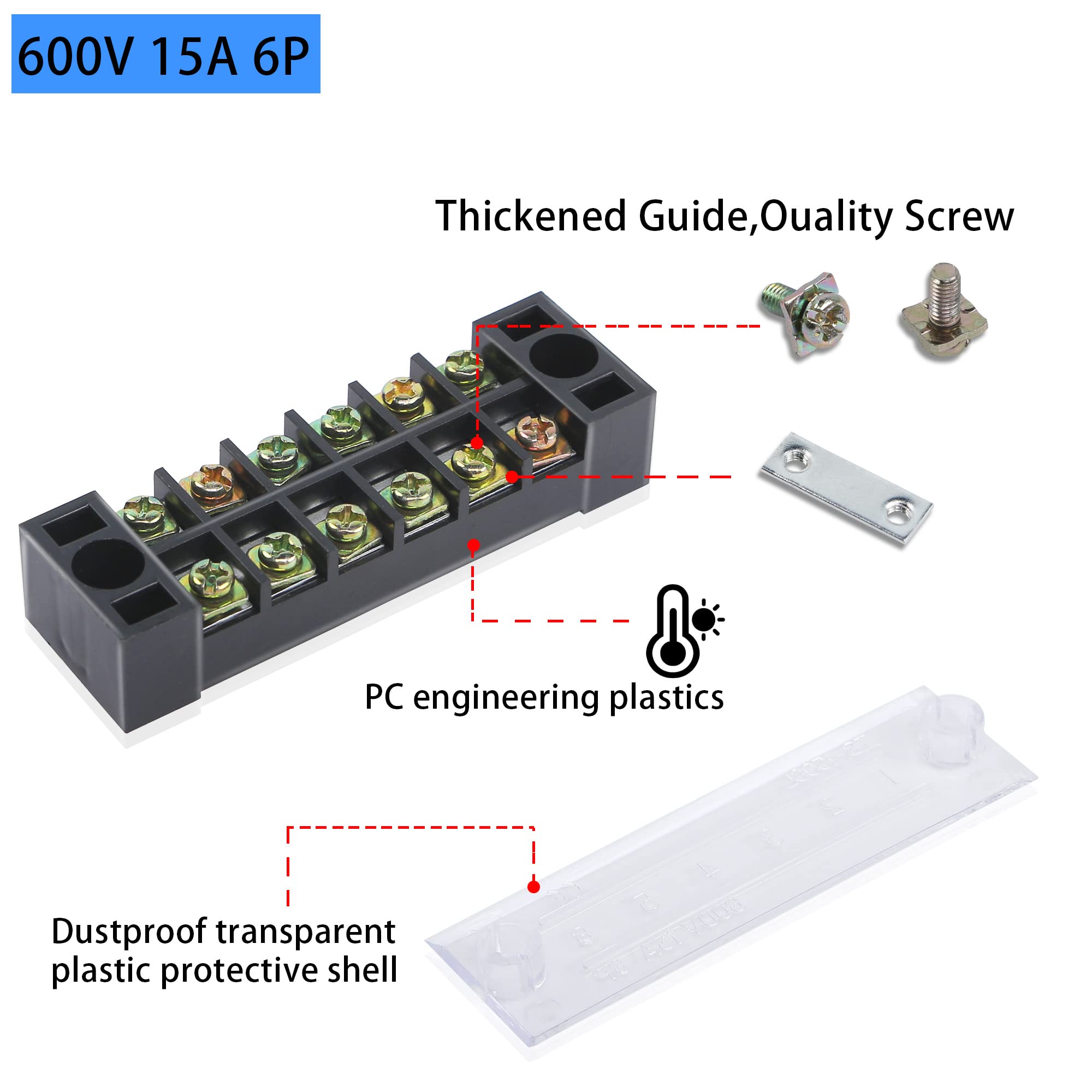 PNGKNYOCN 6-Pack 6-Position Dual Row Terminal Strip Block - 600V 15A With Clear Cover