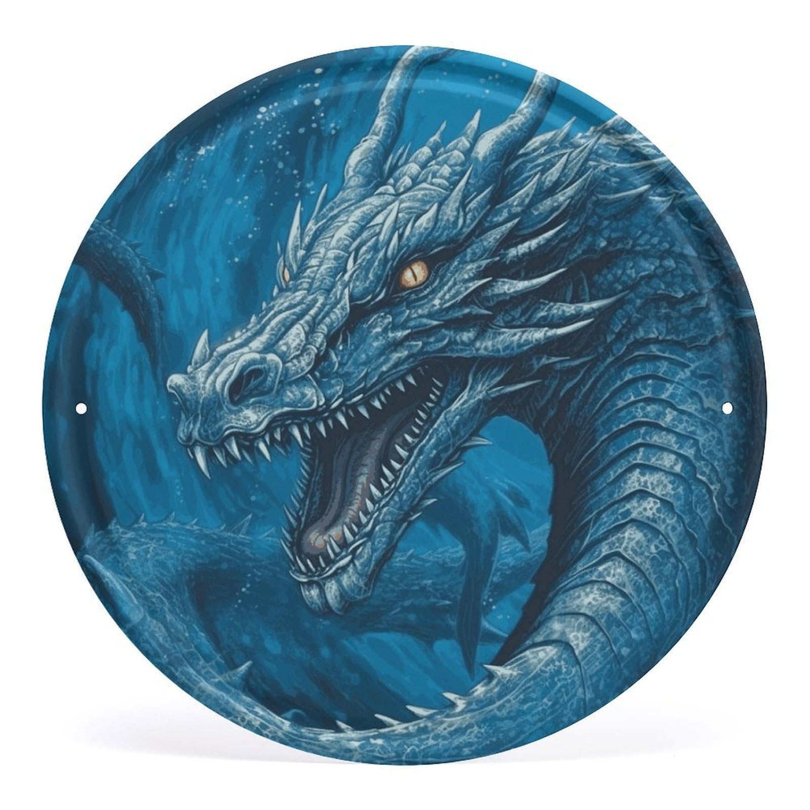 Fodpand Style Dragon Cool Blue Round Wall Art Hanging Decorations, Wall Decor Modern Minimalist Artwork, Tin Sign Hanging Picture For Living Room, Bedroom, Office, Hallway, 11.8X11.8 Inch