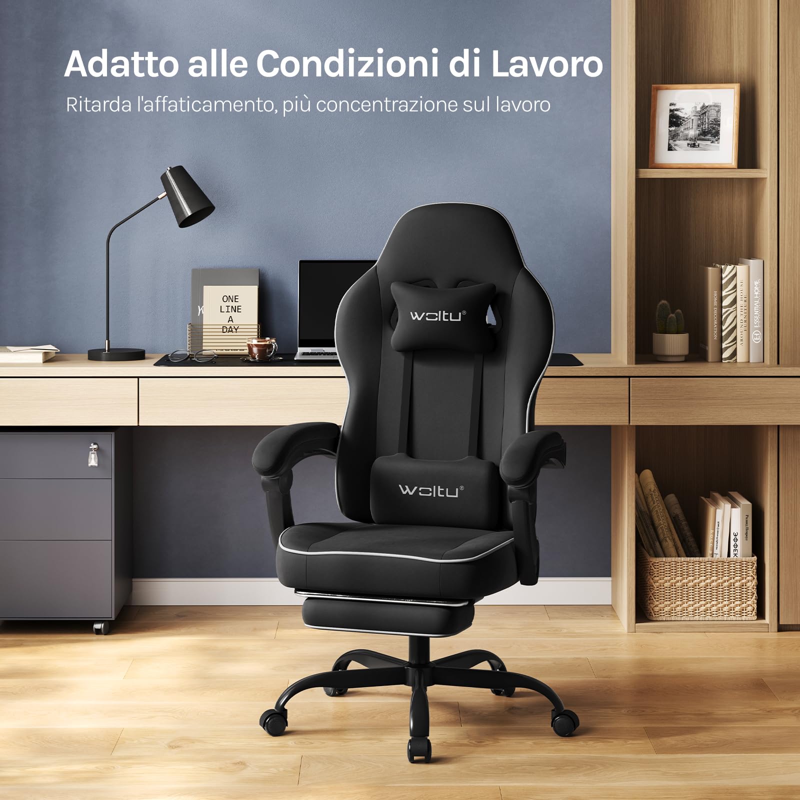 WOLTU Sedia Gaming, Ampia Sedia da Ufficio Ergonomica Imbottita con Cuscino a Molla, Alta Capacità di Carico, Poltrona per Computer con Schienale Alto e Poggiapiedi, Tessuto Tecnologico, Nero, GS10sz