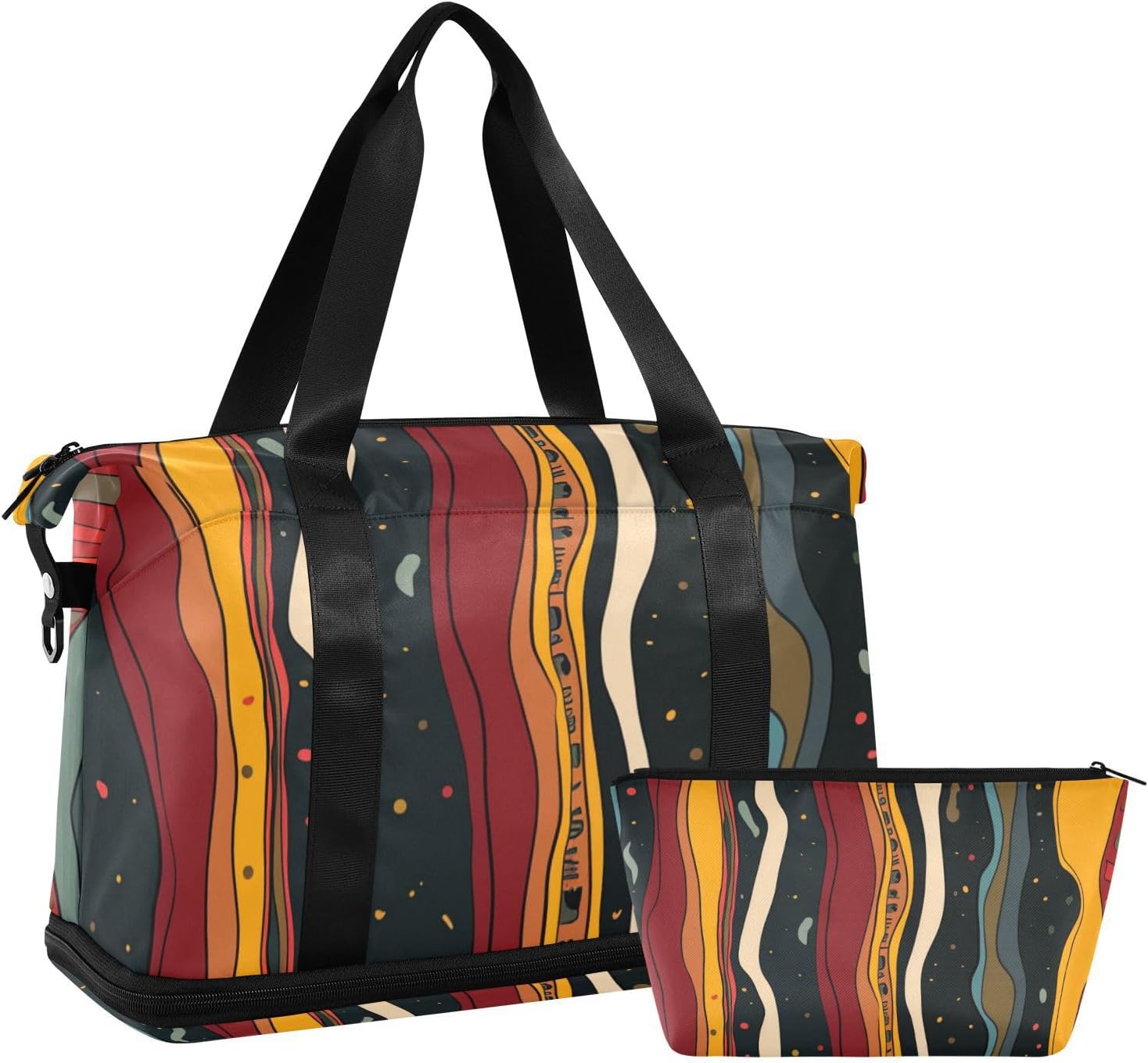 Colorful Vertical Stripe Sports Tote Gym Bag Carry On Personal Item Bag with Toiletry Bag for Hiking Large Capacity