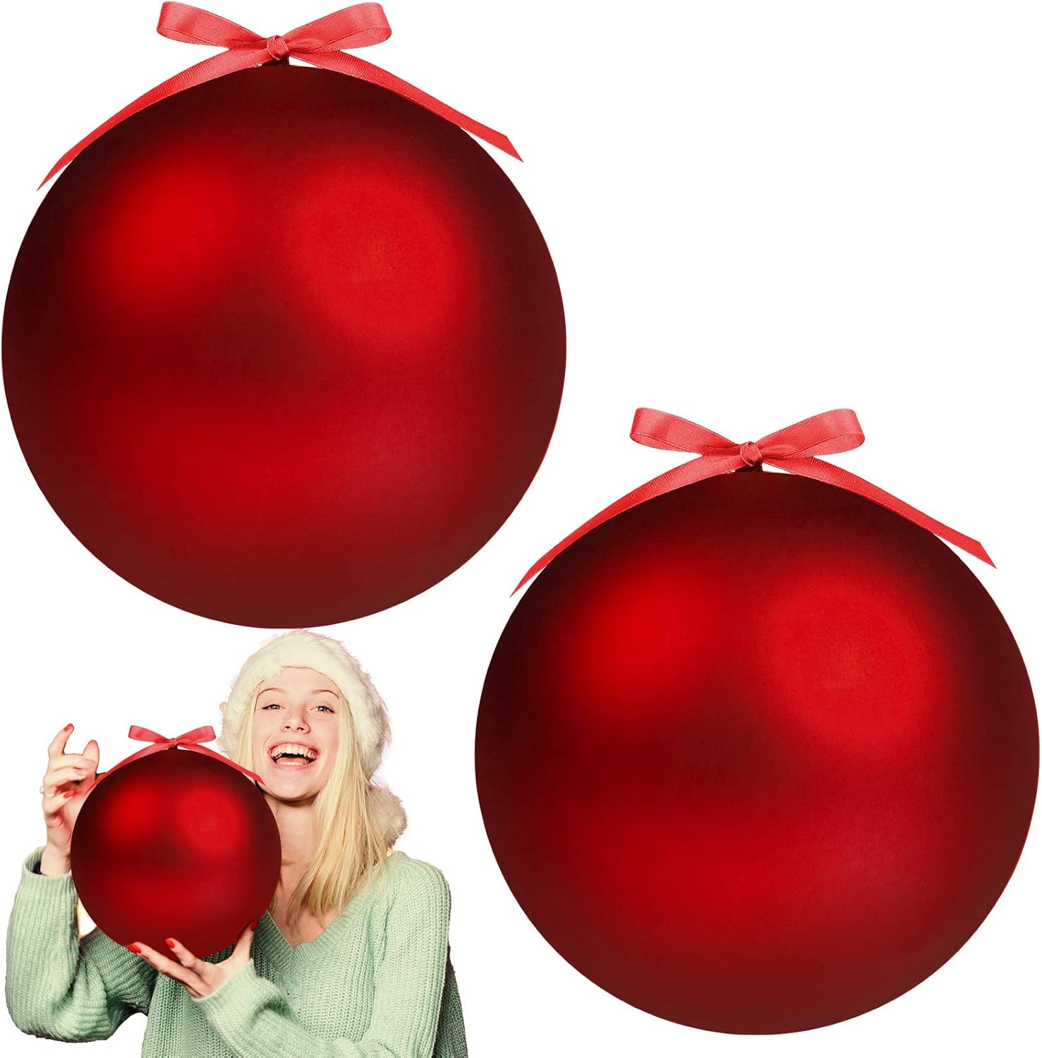 Weysat 2 Pcs 8 Inch Extra Large Fillable Christmas Ball Ornaments Giant Matte Red Plastic Christmas Tree Ornaments Balls with Hanging Ribbons for Outside Lawn Yard Tree Decorations 2 8 Inch