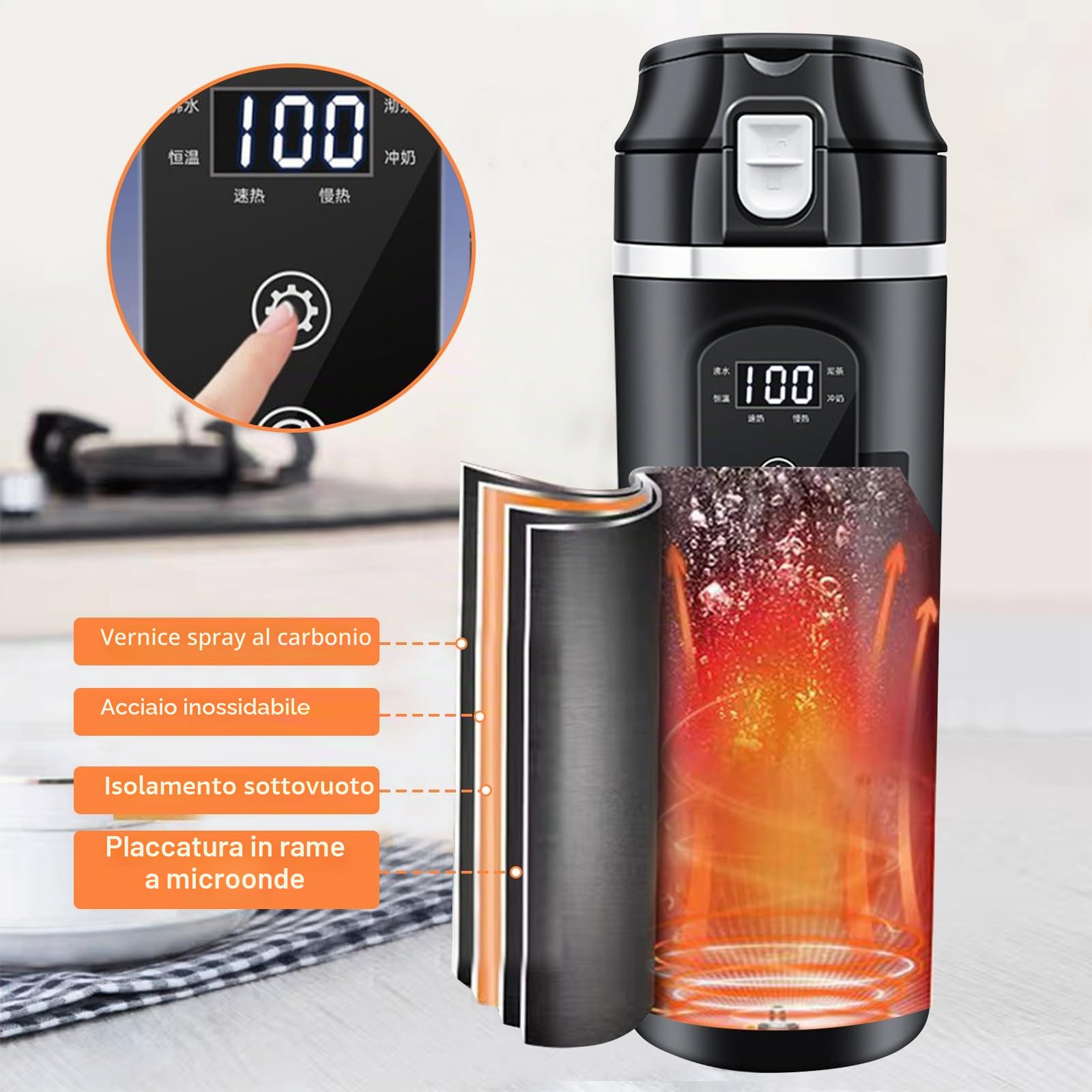 PORFOYO Bollitore elettrico per auto, tazza da viaggio 24V/12V, bollitore elettrico da 500 ml, nero, in acciaio inox, con display per auto e viaggi