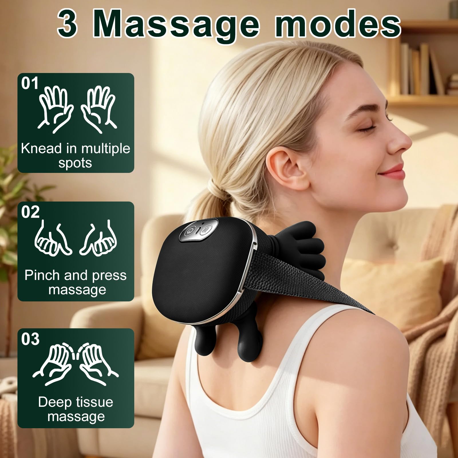 Massaggiatore Cervicale 4D Senza Fili con Calore, 3 Livelli Intensità & 2 Temperature, Allevia Dolori Collo e Spalle, Ricaricabile USB-C, Massaggiatore per Casa, Ufficio, Viaggio (Nero)