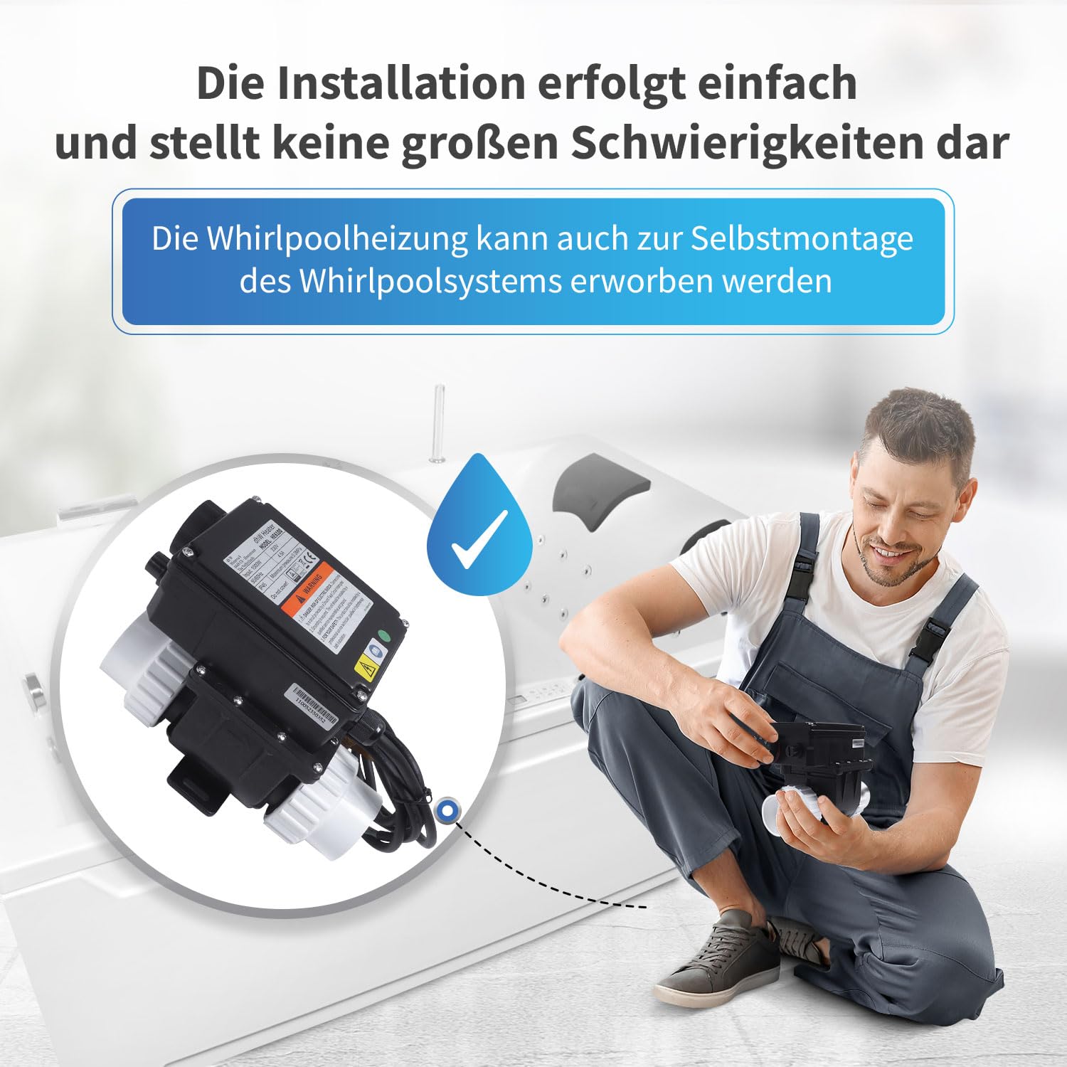 AQUADE Elektrische Whirlpool-Heizung 3 kW – Durchlauferhitzer für Spa, Außenwhirlpool & kleine Pools bis 1280L – Warmwasserbereiter mit Thermostat & Überhitzungsschutz